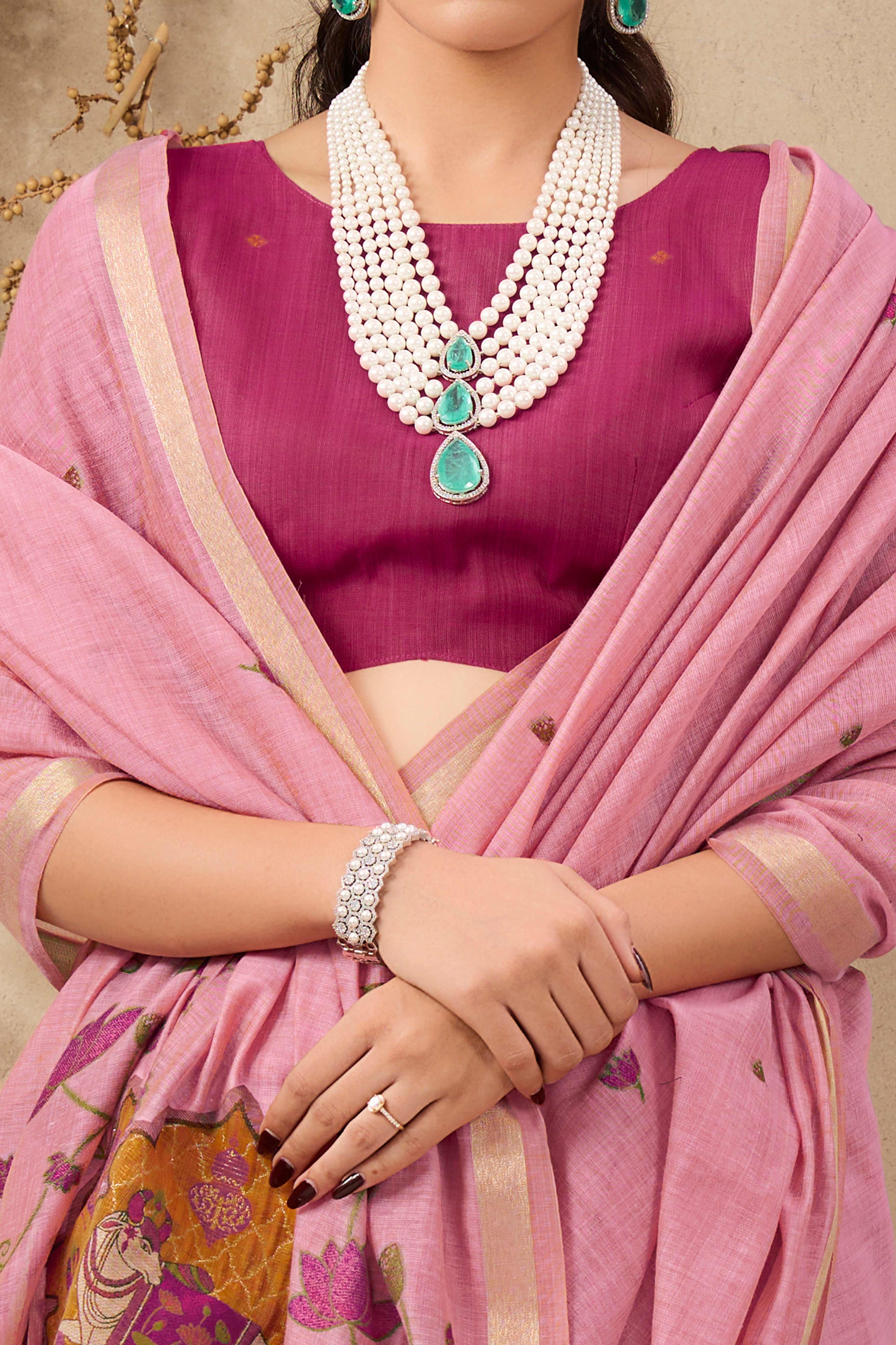 Pink Lightweight Handloom Munga Cotton Blend Saree Accented with Floral Woven Motifs