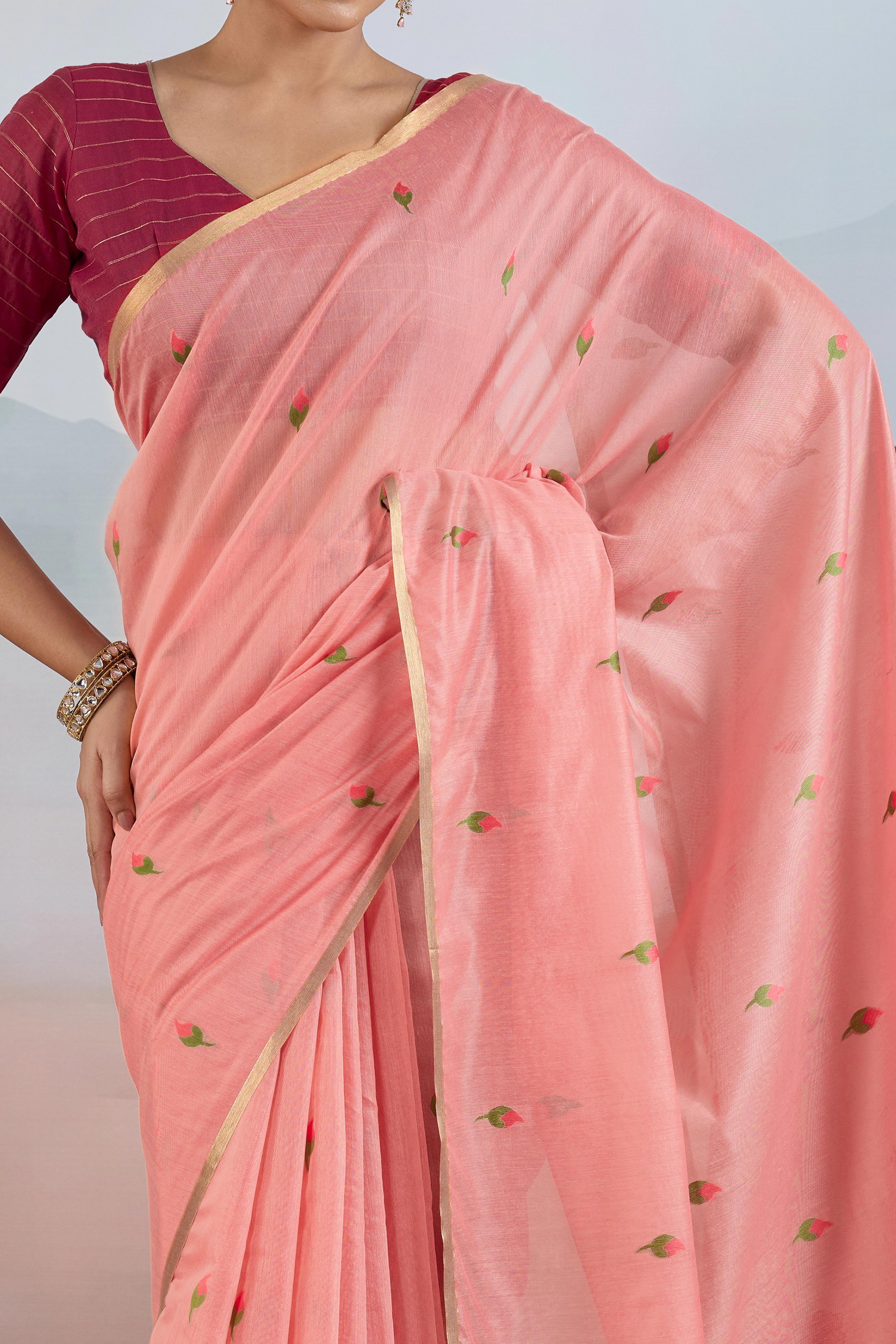 Trendy Peach Cotton Blend Weaving Saree Showcasing Floral & Animal Motif & Classic Tassel Pallu