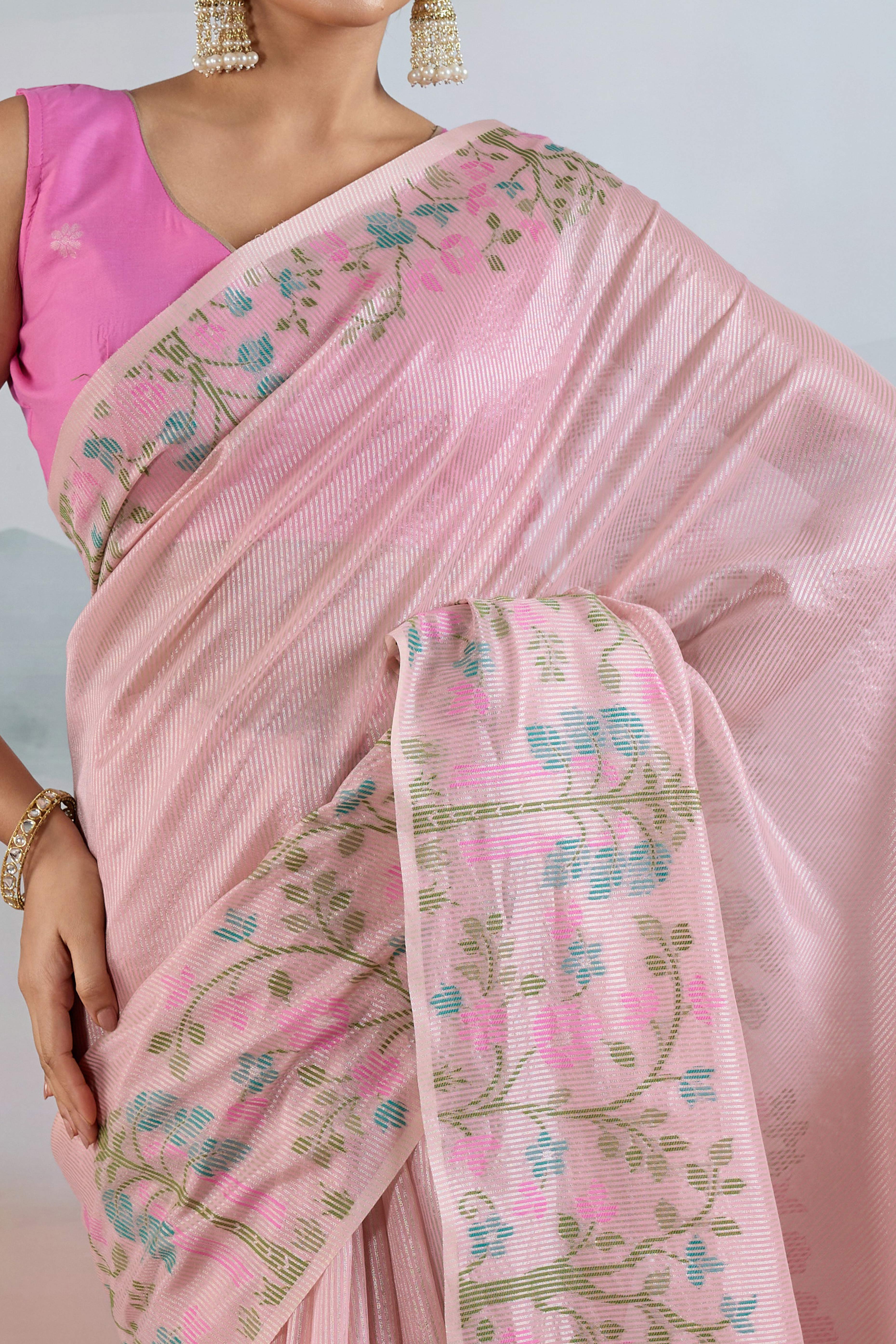 Pink Tissue Silk Saree Showcasing Floral & Striped Weaving With Tassel Adornment