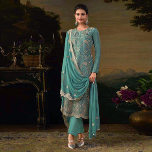 Rama Green Floral Sequins Embroidered Georgette Semi Stitched Salwar Suit