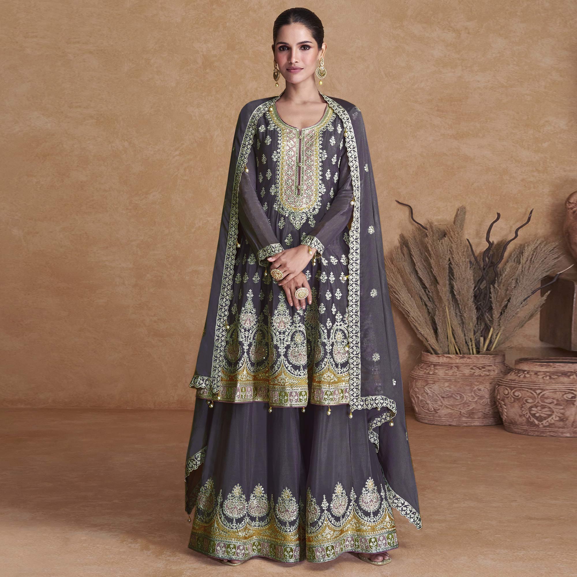 Purple Mauve Sequins Embroidered Georgette Semi Stitched Sharara Suit