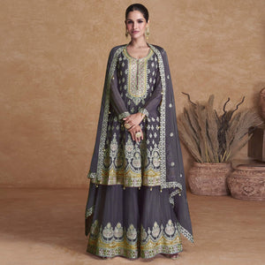 Purple Mauve Sequins Embroidered Georgette Semi Stitched Sharara Suit
