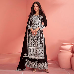 Black Floral Embroidered Georgette Semi Stitched Suit