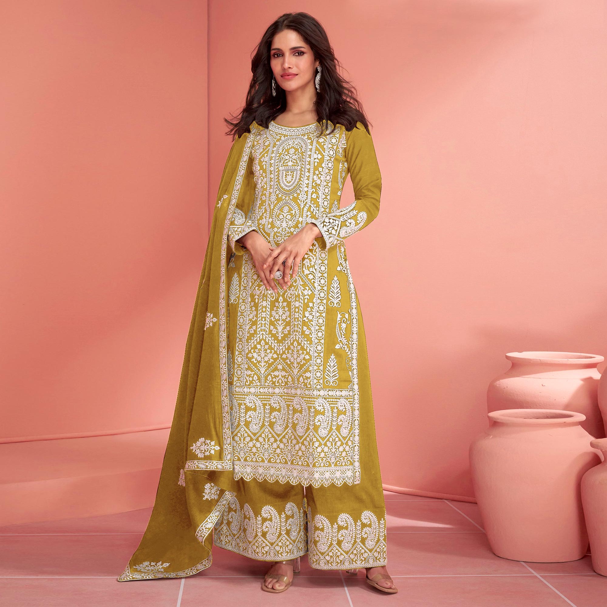 Mustard Floral Embroidered Georgette Semi Stitched Suit