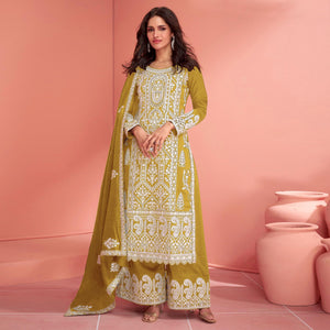 Mustard Floral Embroidered Georgette Semi Stitched Suit