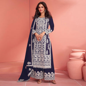 Blue Floral Embroidered Georgette Semi Stitched Suit