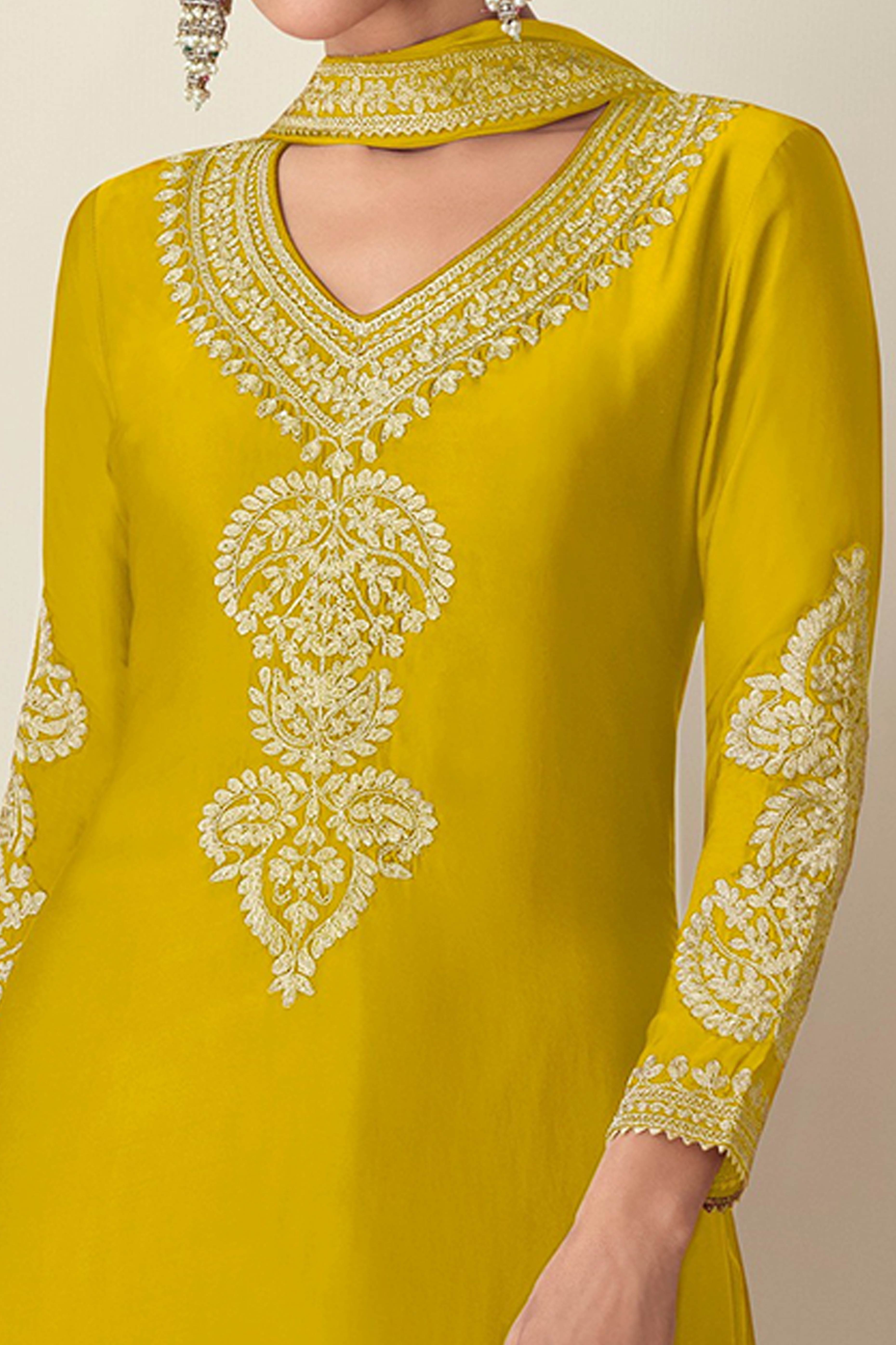 Exquisite Mustard Sequins Floral Embroidered Chinon Semi-Stitched Salwar Suit