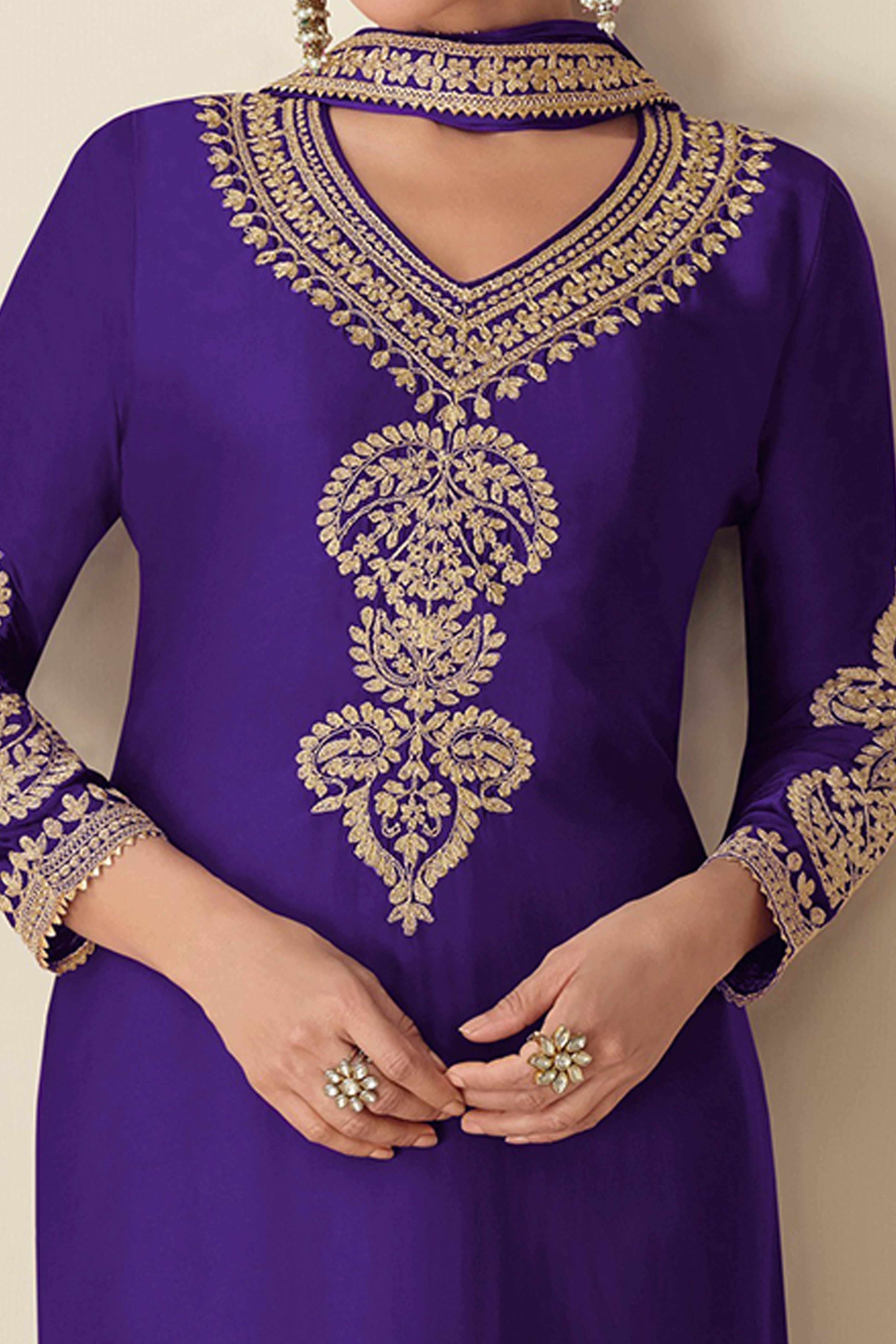 Exquisite Violet Sequins Floral Embroidered Chinon Semi-Stitched Salwar Suit