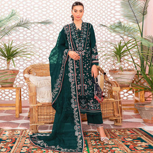Bottle Green Floral Embroidered Georgette Semi Stitched Suit