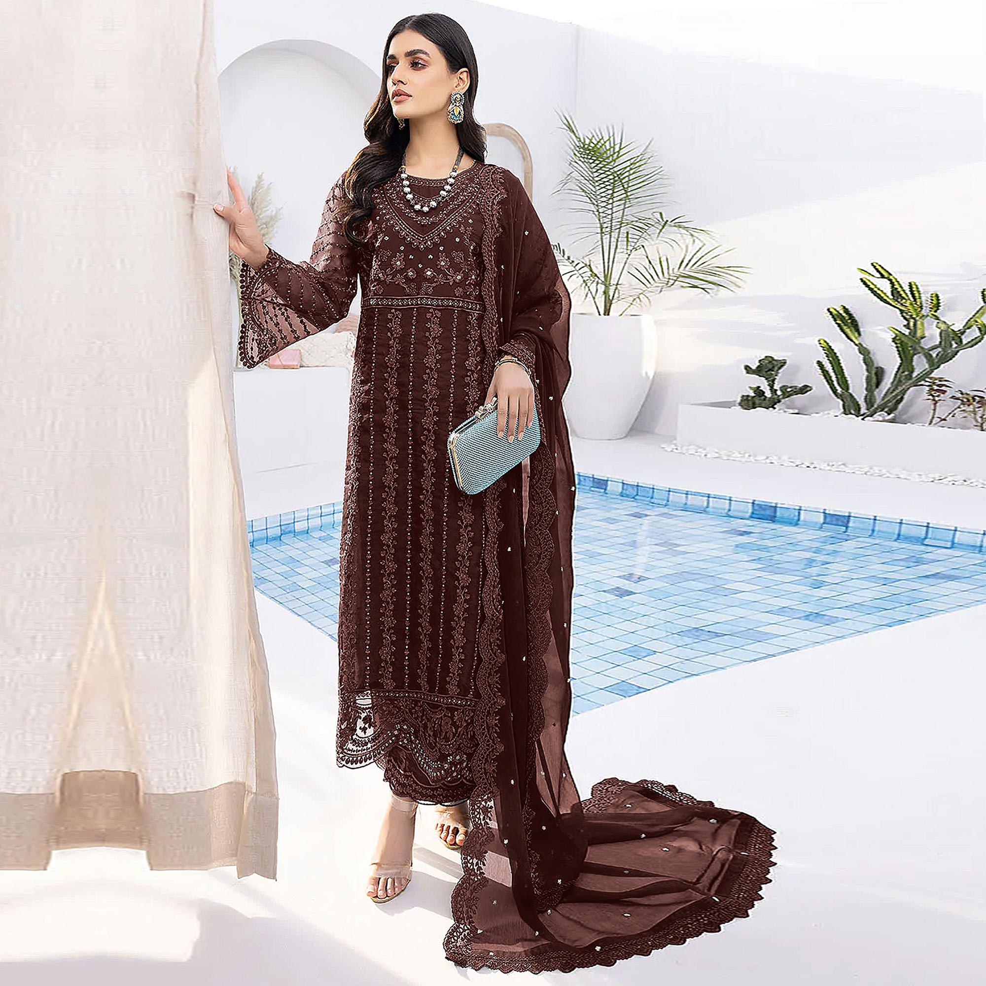 Brown Floral Embroidered Organza Semi Stitched Suit
