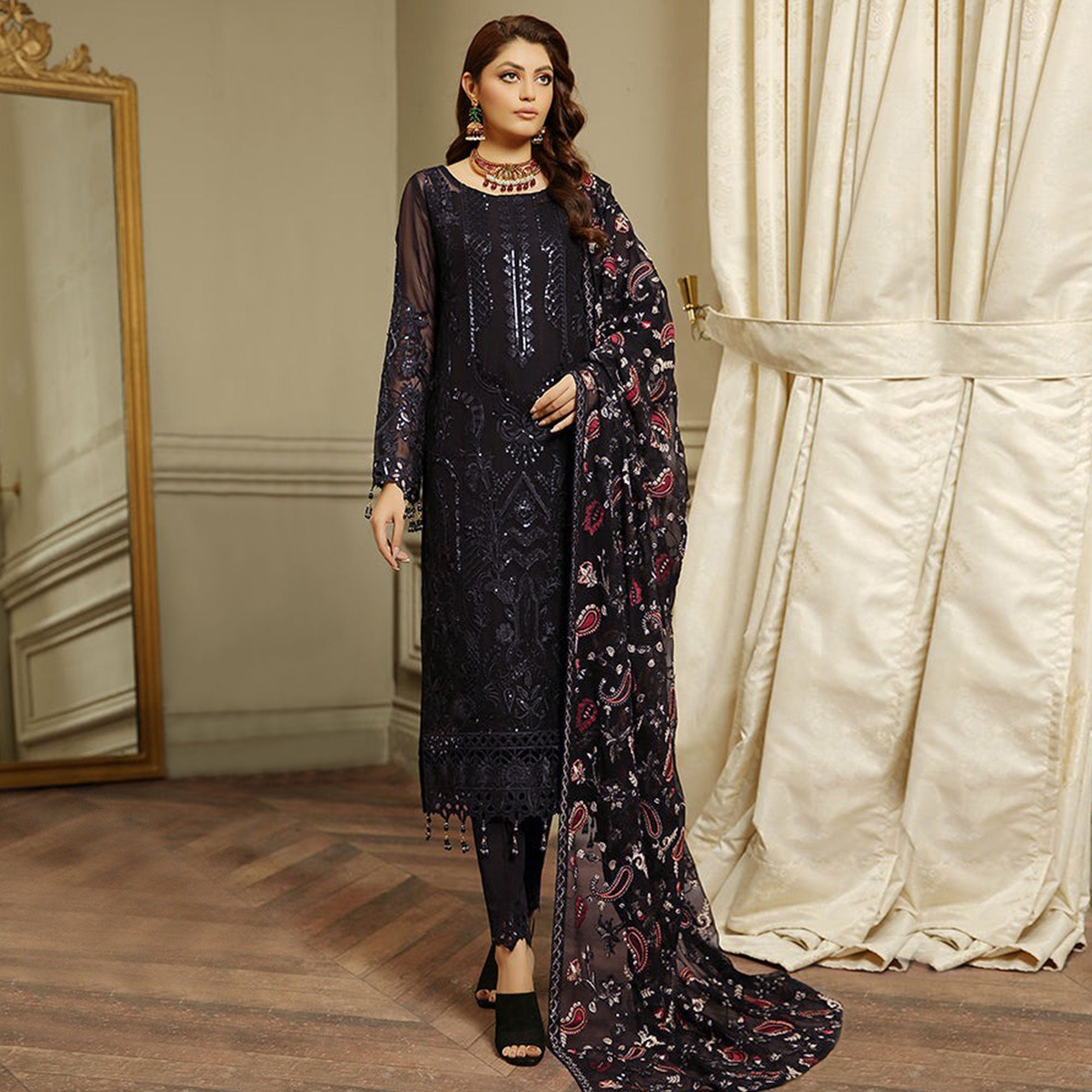 Black Embroidered Georgette Semi Stitched Pakistani Suit