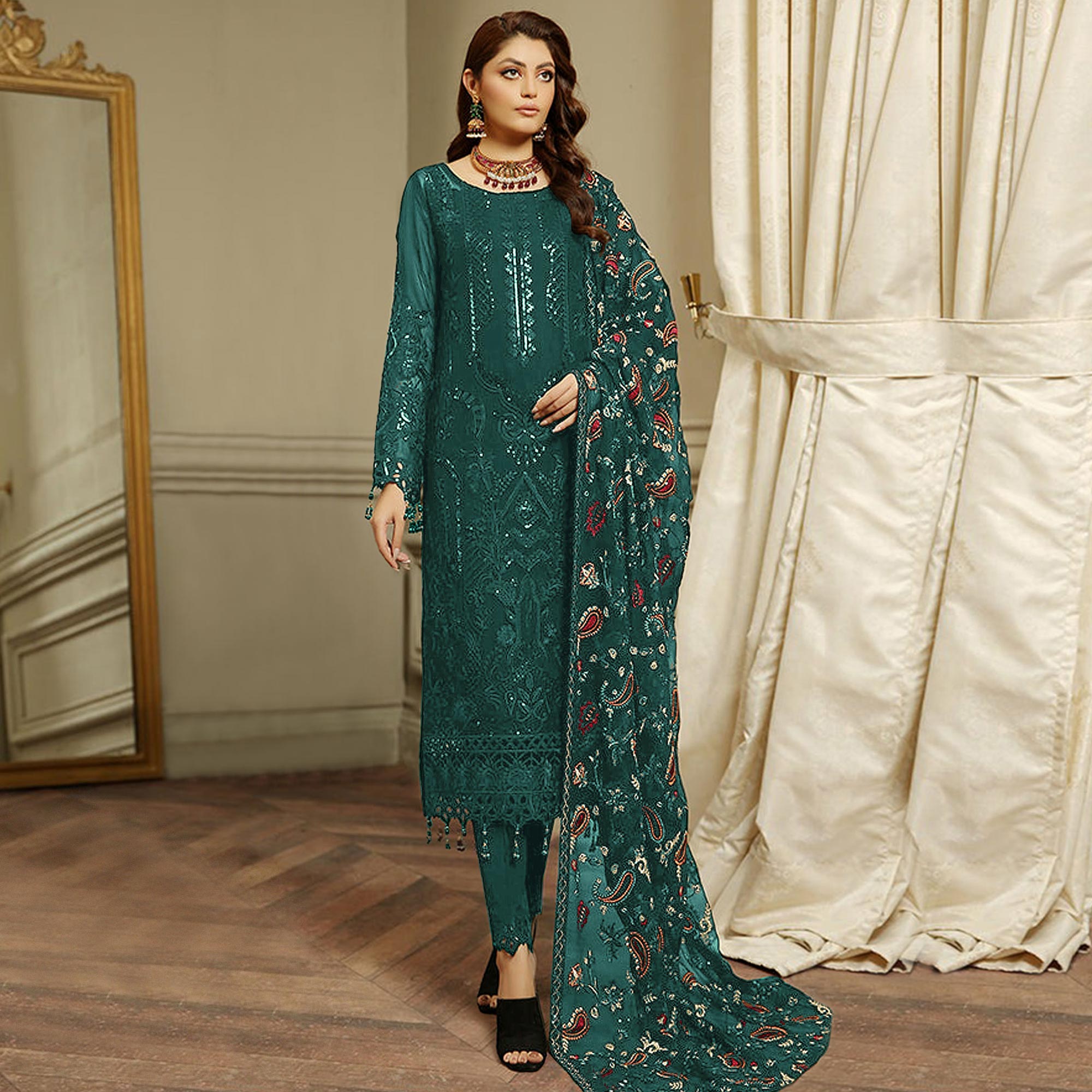 Green Embroidered Georgette Semi Stitched Pakistani Suit