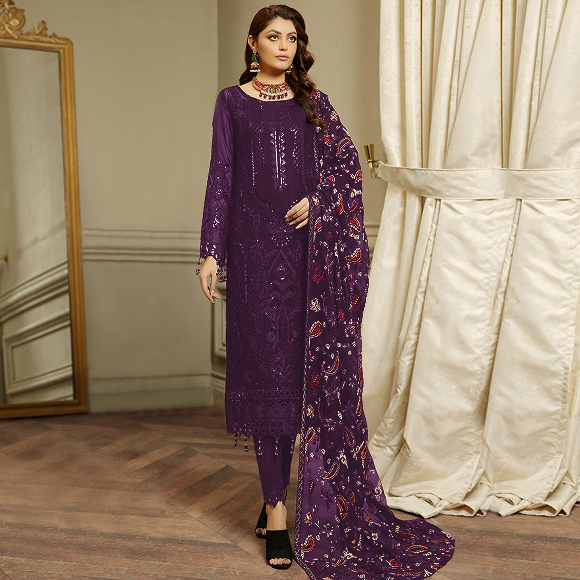Purple Embroidered Georgette Semi Stitched Pakistani Suit