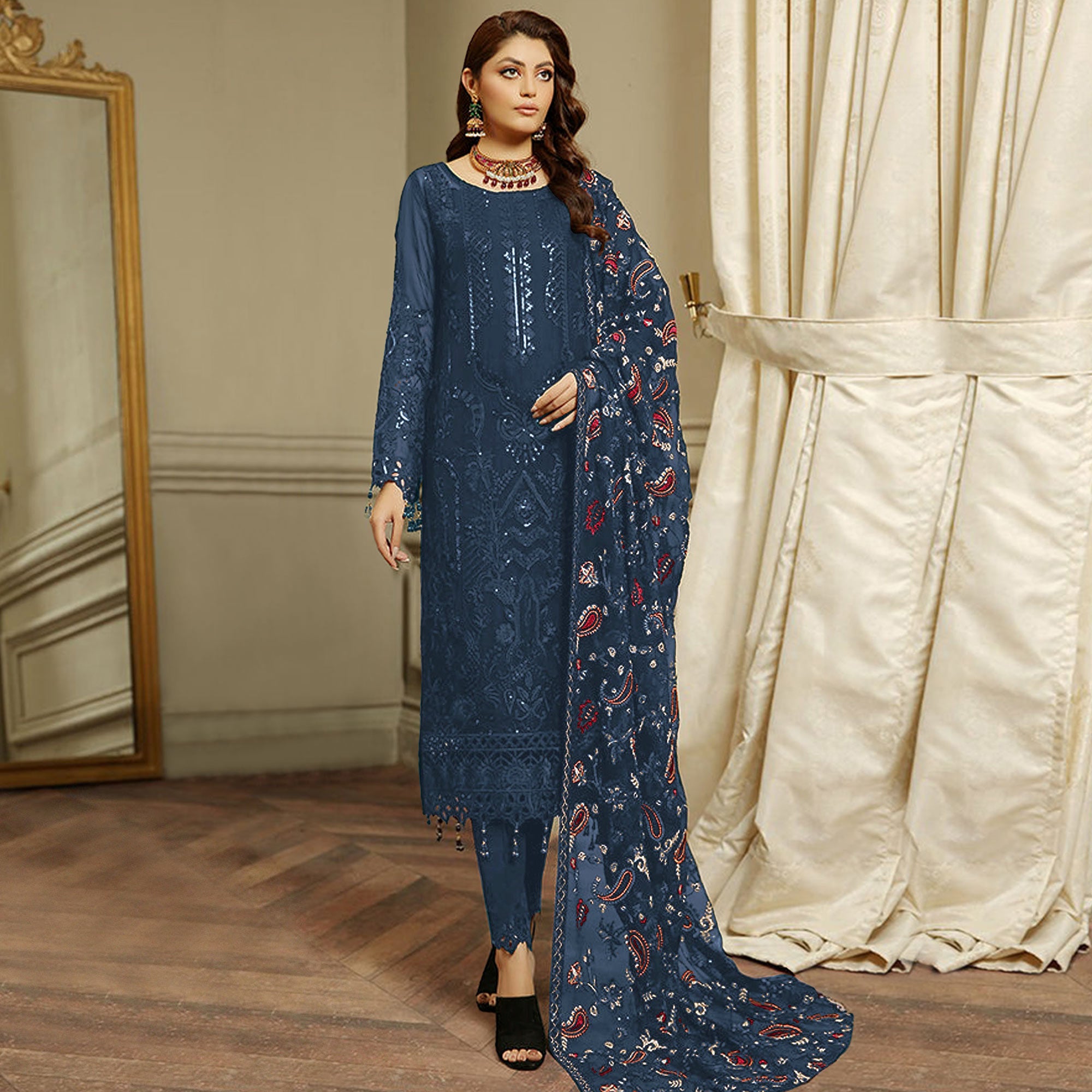 Blue Embroidered Georgette Semi Stitched Pakistani Suit