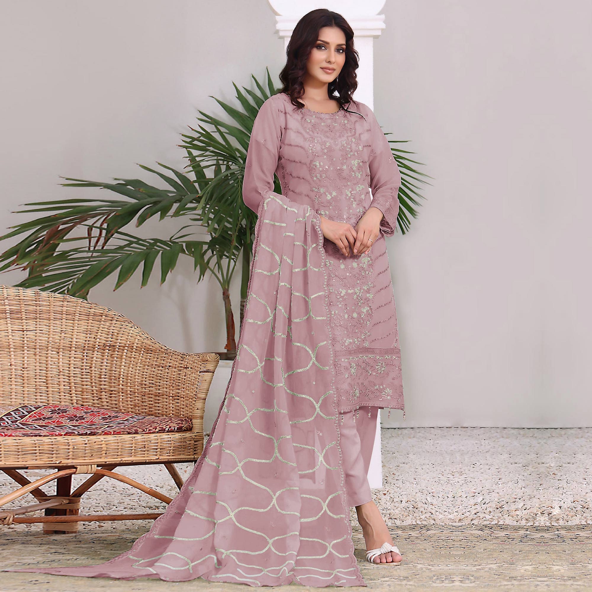 Dusty Pink Embroidered Georgette Pakistani Semi Stitched Dress Material