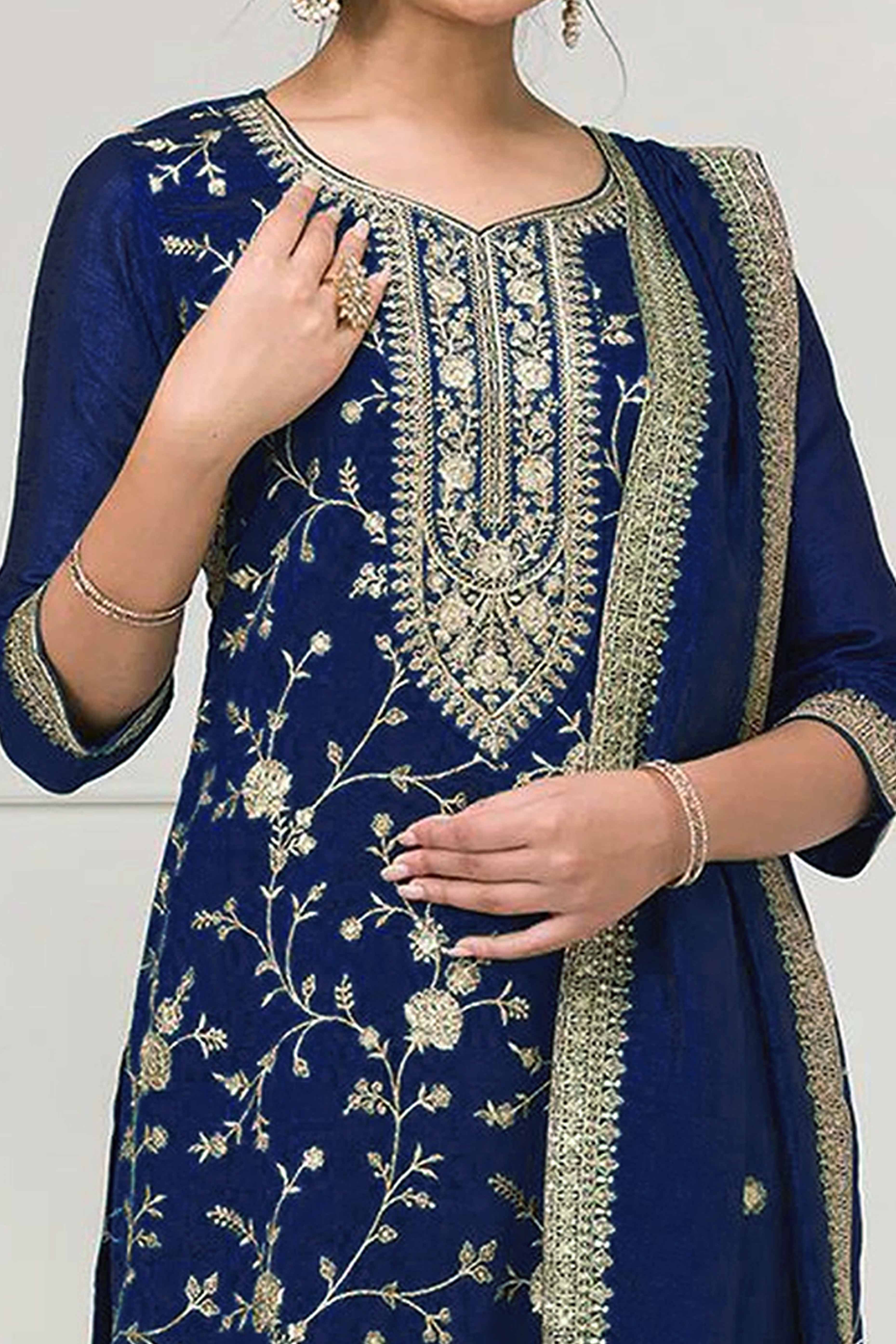 Navy Blue Beautiful Embroidered Pakistani Style Semi-Stitched Salwar Suit in Soft Georgette Fabric