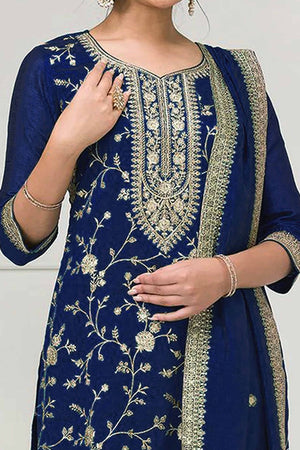 Navy Blue Beautiful Embroidered Pakistani Style Semi-Stitched Salwar Suit in Soft Georgette Fabric