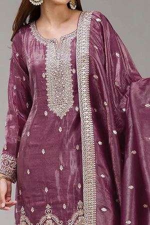 Mauve Embroidered Georgette Palazzo Style Semi-Stitched Salwar Suit for Graceful Occasions