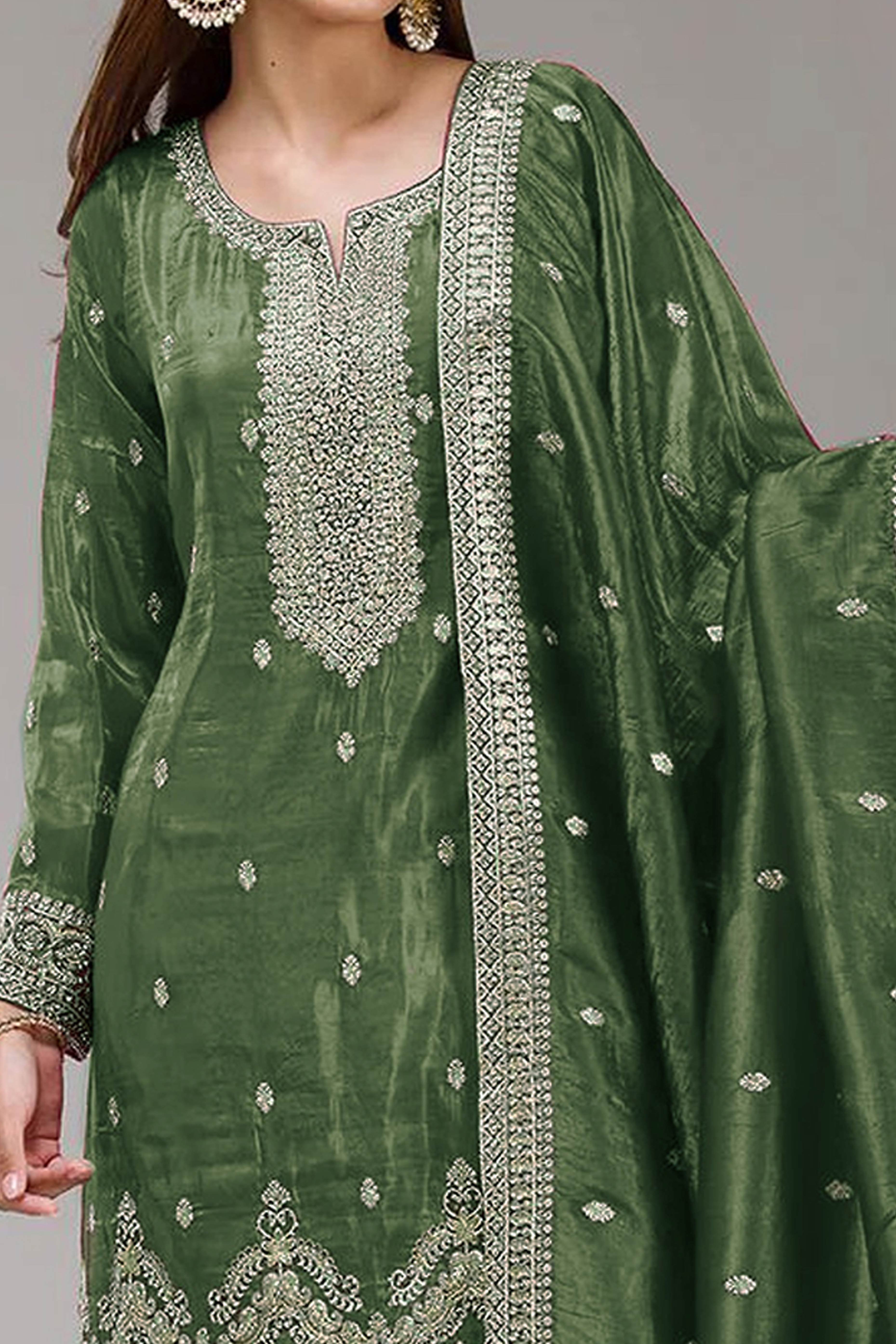 Green Embroidered Georgette Palazzo Style Semi-Stitched Salwar Suit for Graceful Occasions