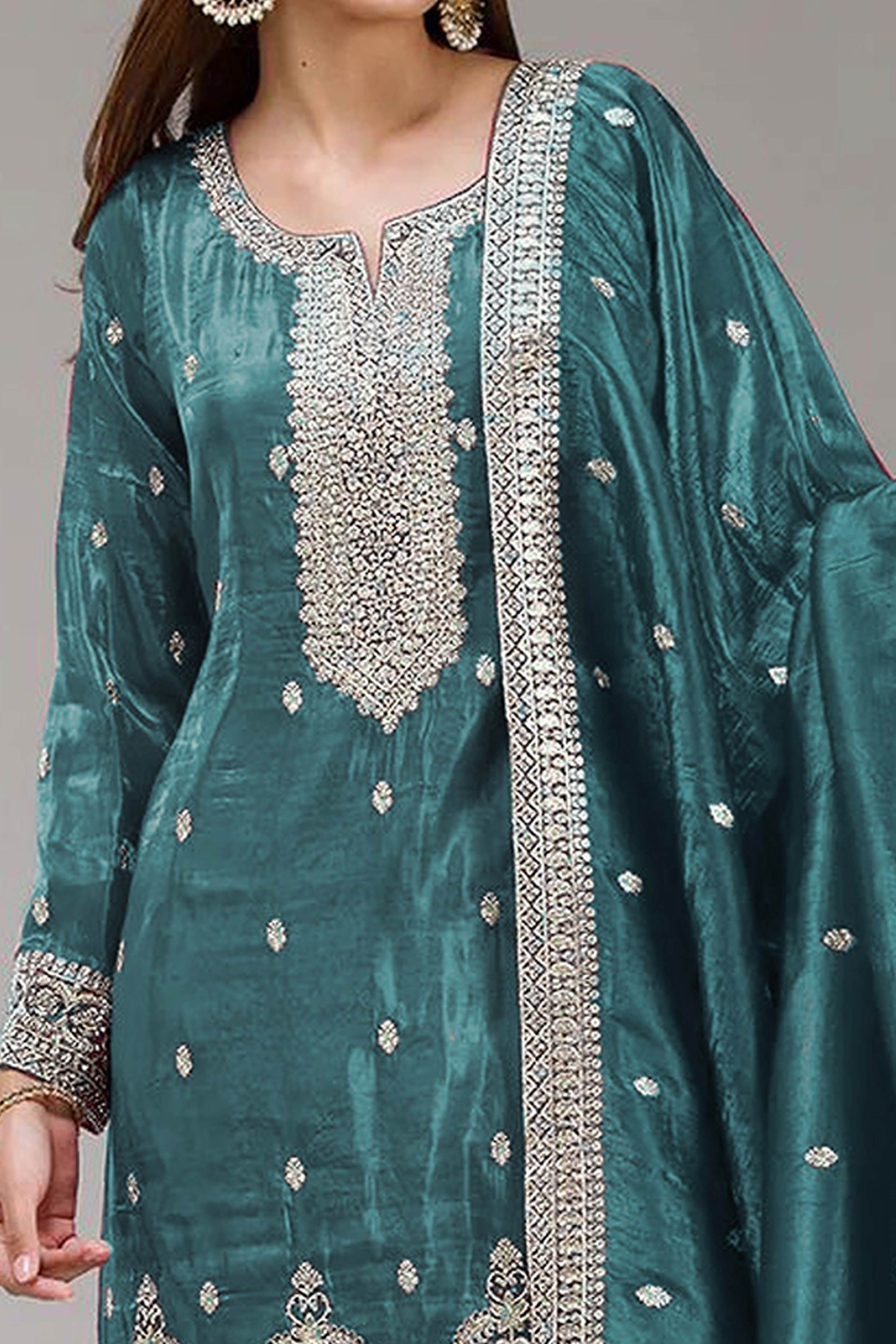 Teal Embroidered Georgette Palazzo Style Semi-Stitched Salwar Suit for Graceful Occasions