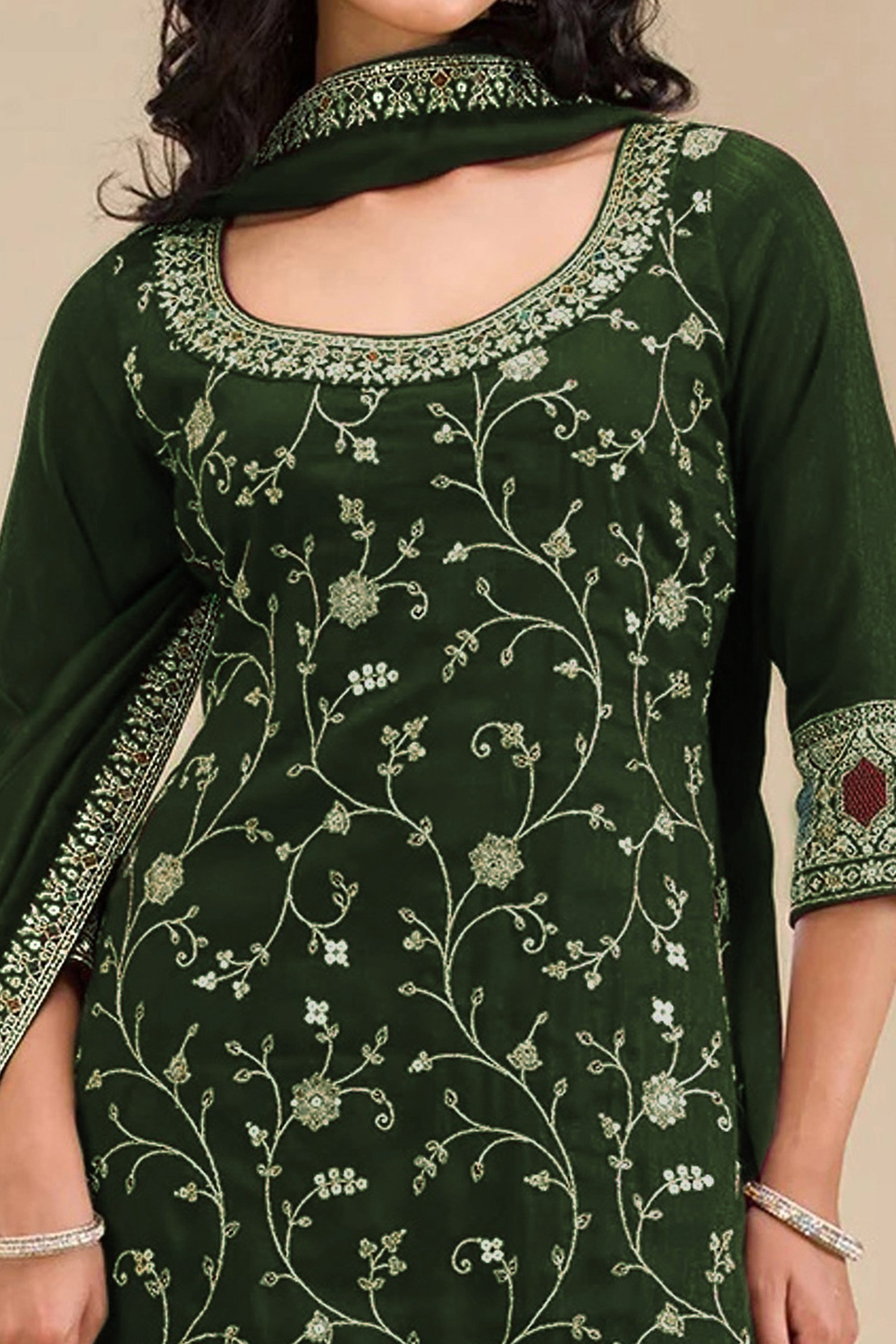 Luxury Green Floral Embroidered With Sequins Vichitra Silk Semi Stitched Pakistani Salwar Suit