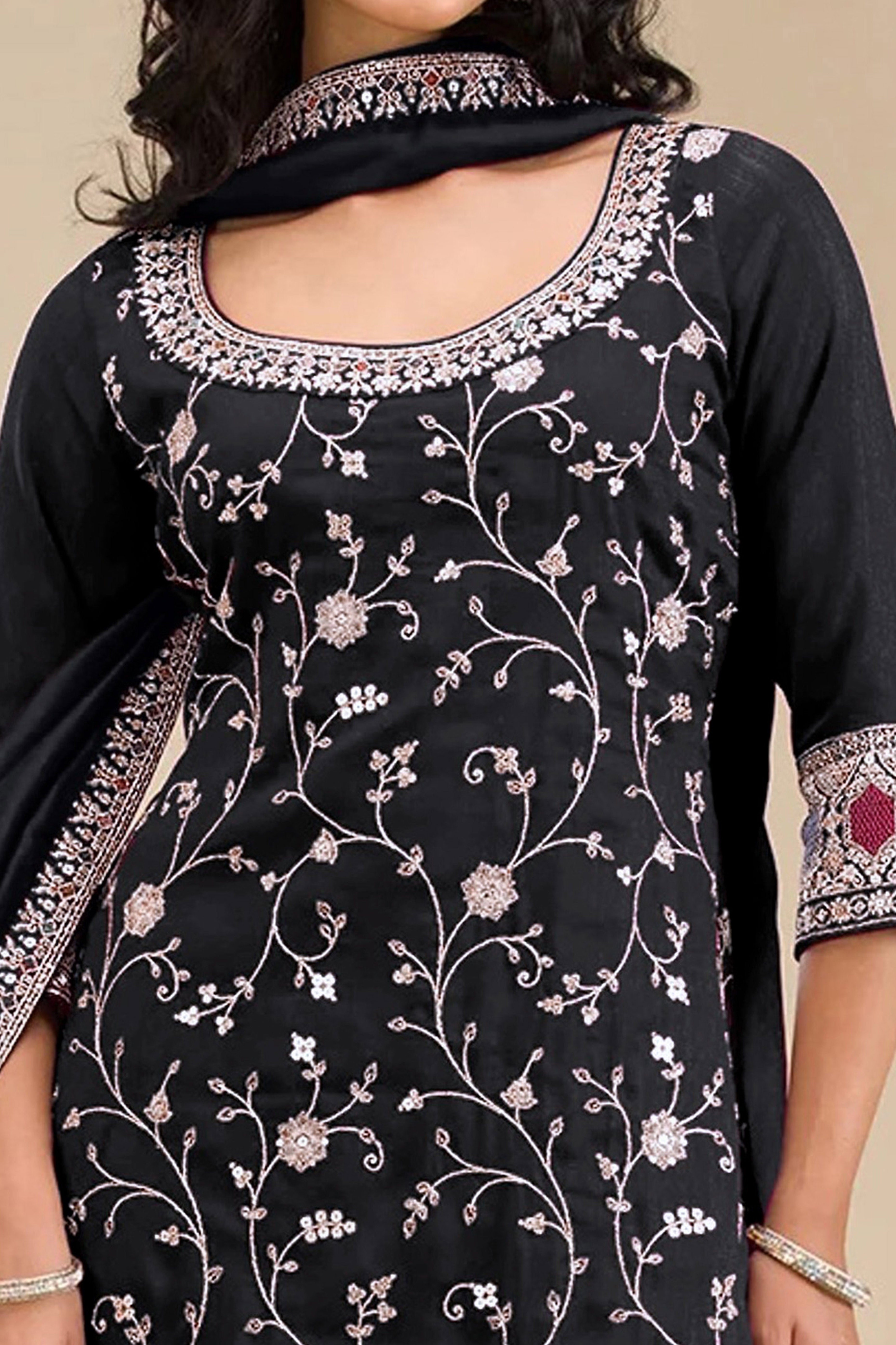 Luxury Black Floral Embroidered With Sequins Vichitra Silk Semi Stitched Pakistani Salwar Suit