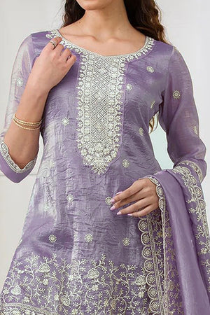 Lavender Elegant Embroidered Georgette Semi-Stitched Salwar Suit with Stylish Palazzo Bottoms