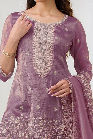 Mauve Elegant Embroidered Georgette Semi-Stitched Salwar Suit with Stylish Palazzo Bottoms