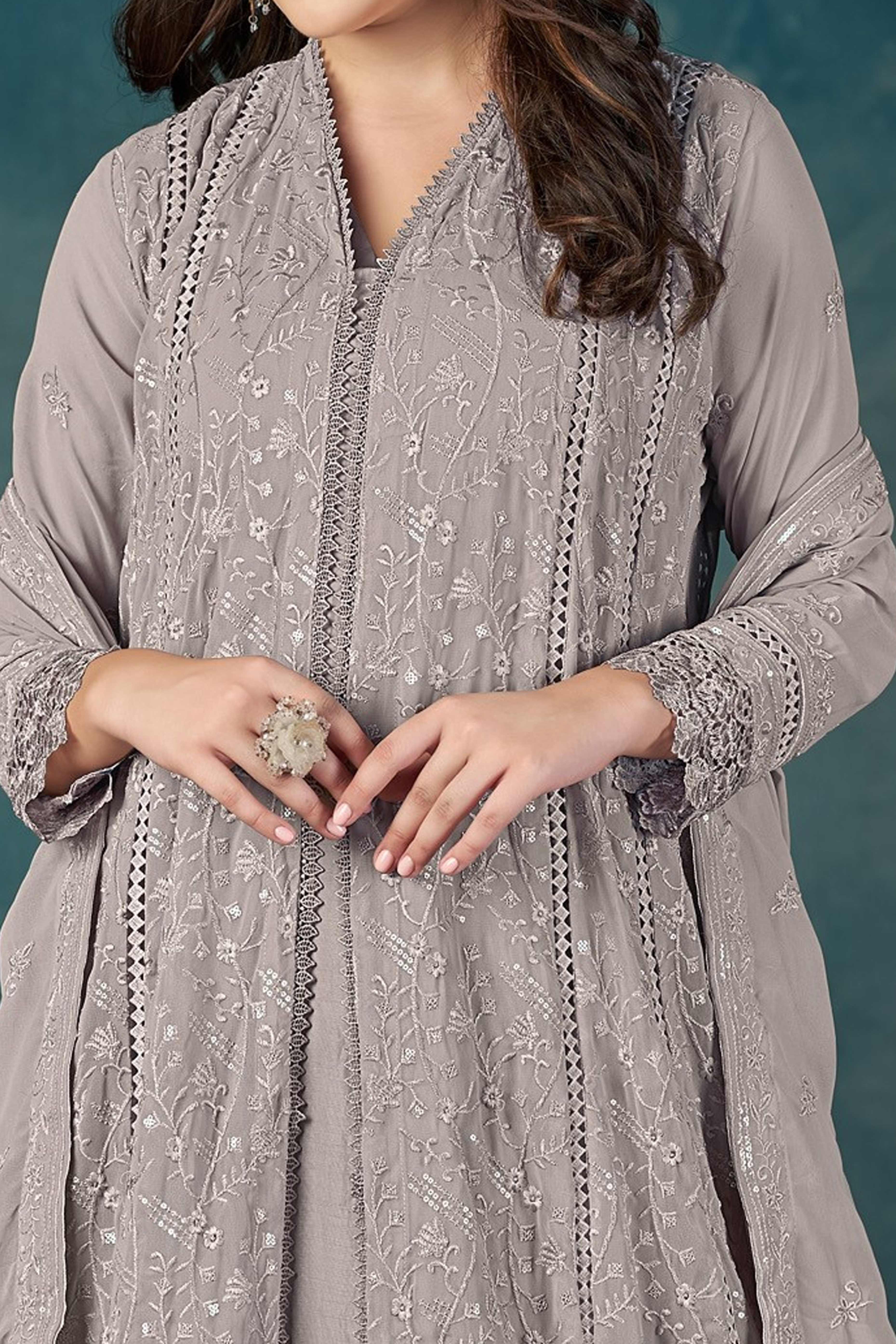 Beautiful Grey Embroidered Pakistani Style Semi-Stitched Salwar Suit in Soft Georgette Fabric