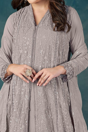 Beautiful Grey Embroidered Pakistani Style Semi-Stitched Salwar Suit in Soft Georgette Fabric