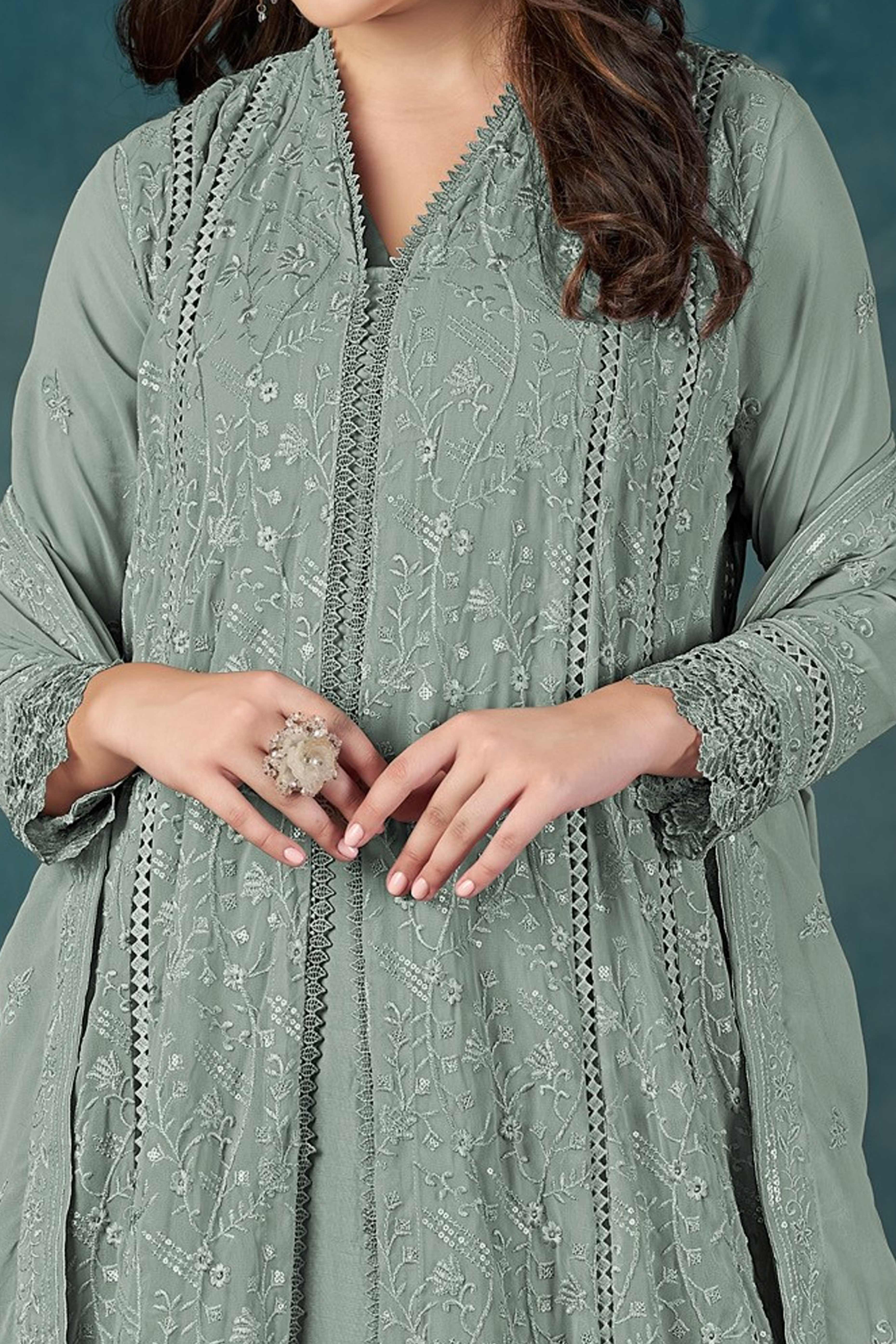Beautiful Sage Green Embroidered Pakistani Style Semi-Stitched Salwar Suit in Soft Georgette Fabric