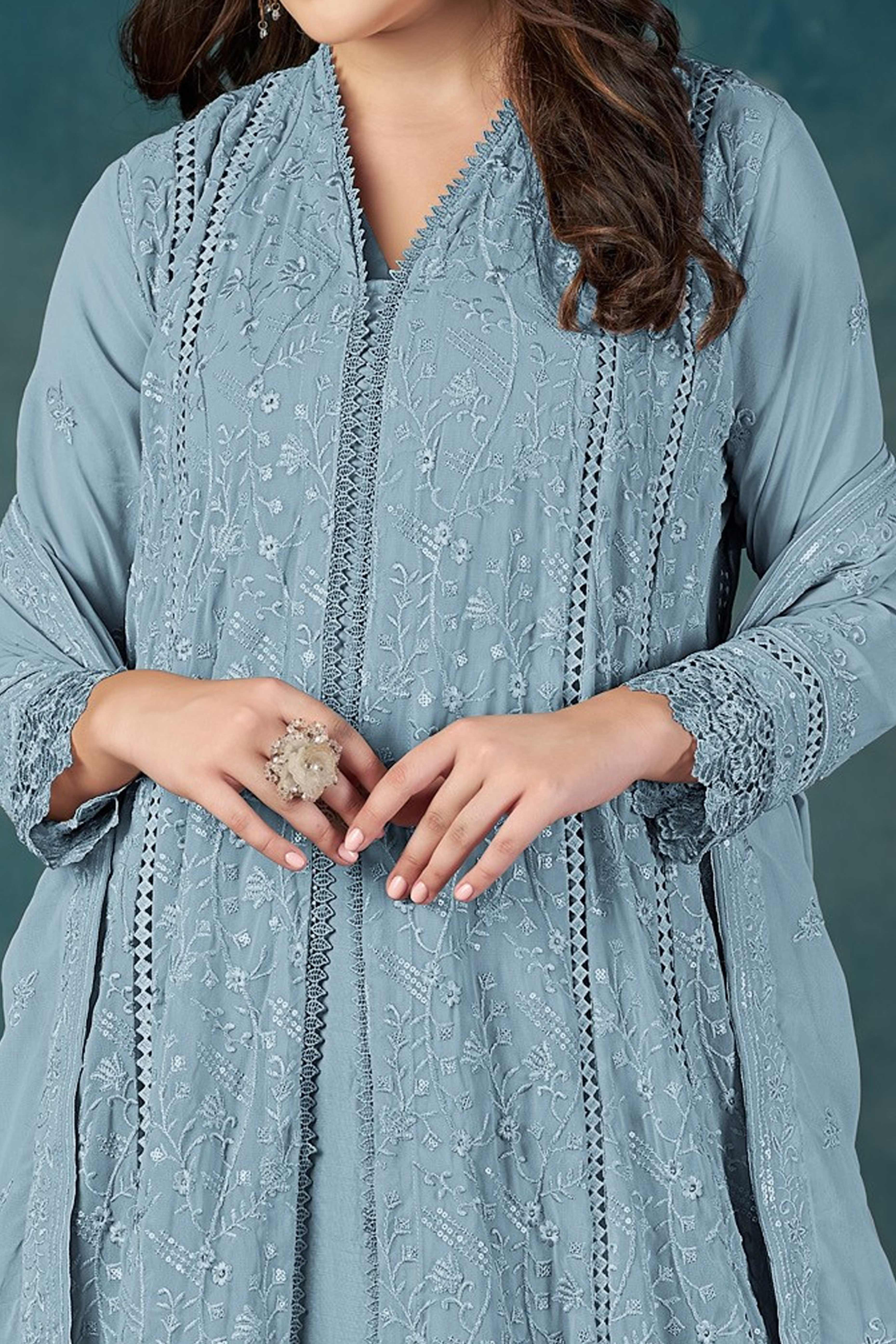 Beautiful Light Blue Embroidered Pakistani Style Semi-Stitched Salwar Suit in Soft Georgette Fabric