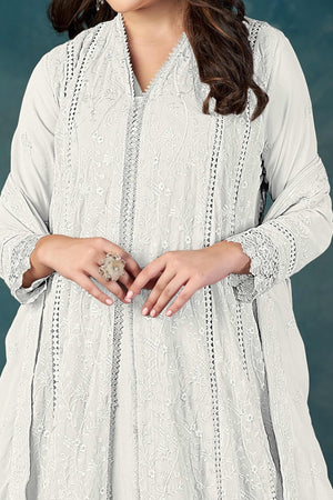 Beautiful White Embroidered Pakistani Style Semi-Stitched Salwar Suit in Soft Georgette Fabric