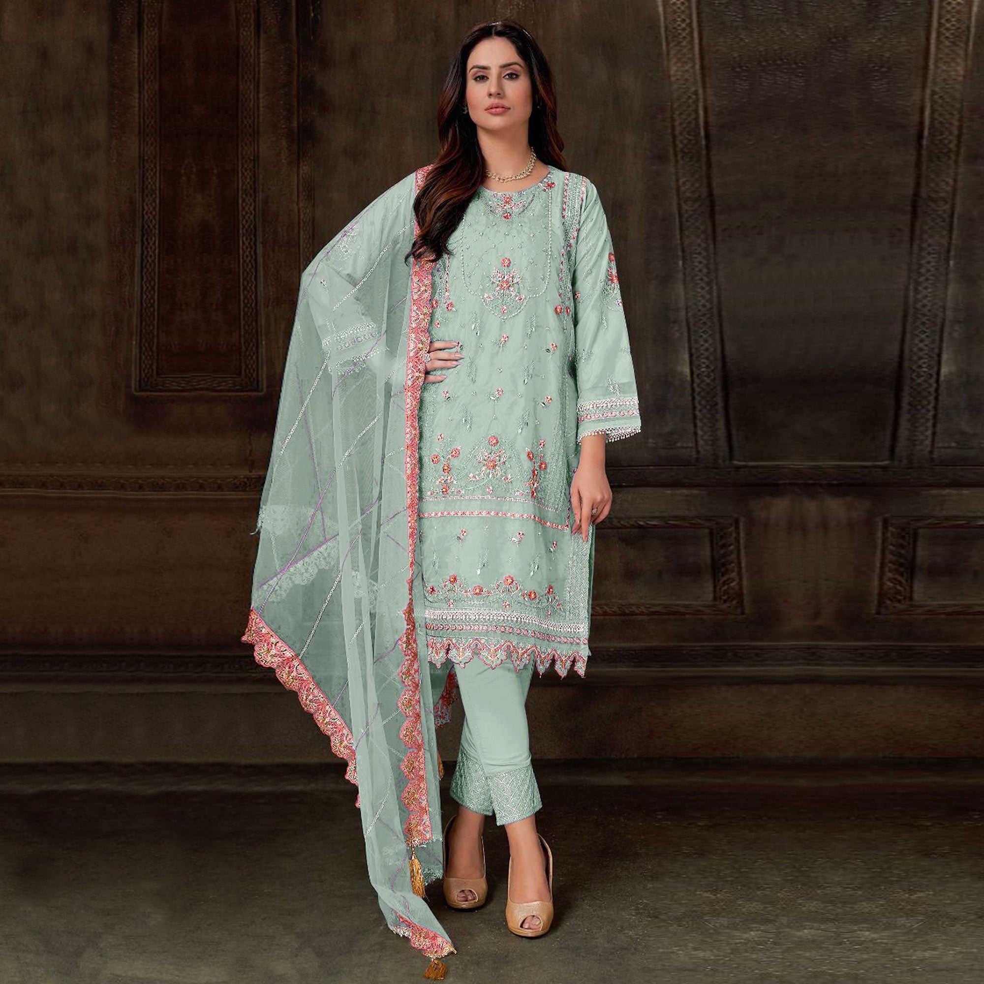 Light Green Floral Embroidered Georgette Pakistani Semi Stitched Dress Material