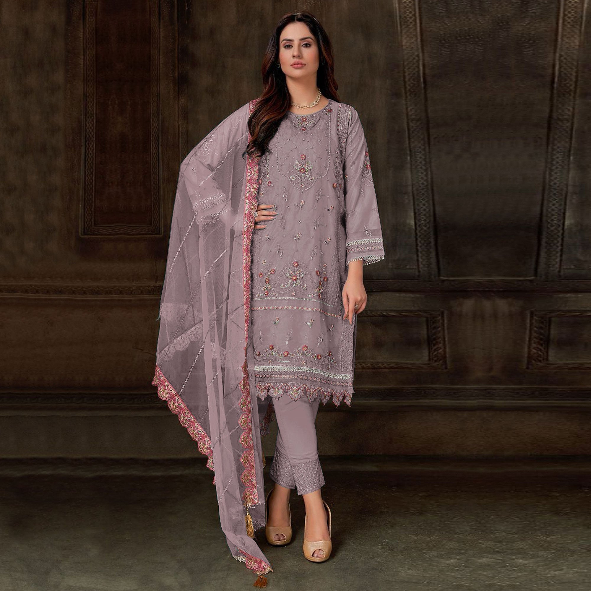 Mauve Floral Embroidered Georgette Pakistani Semi Stitched Dress Material