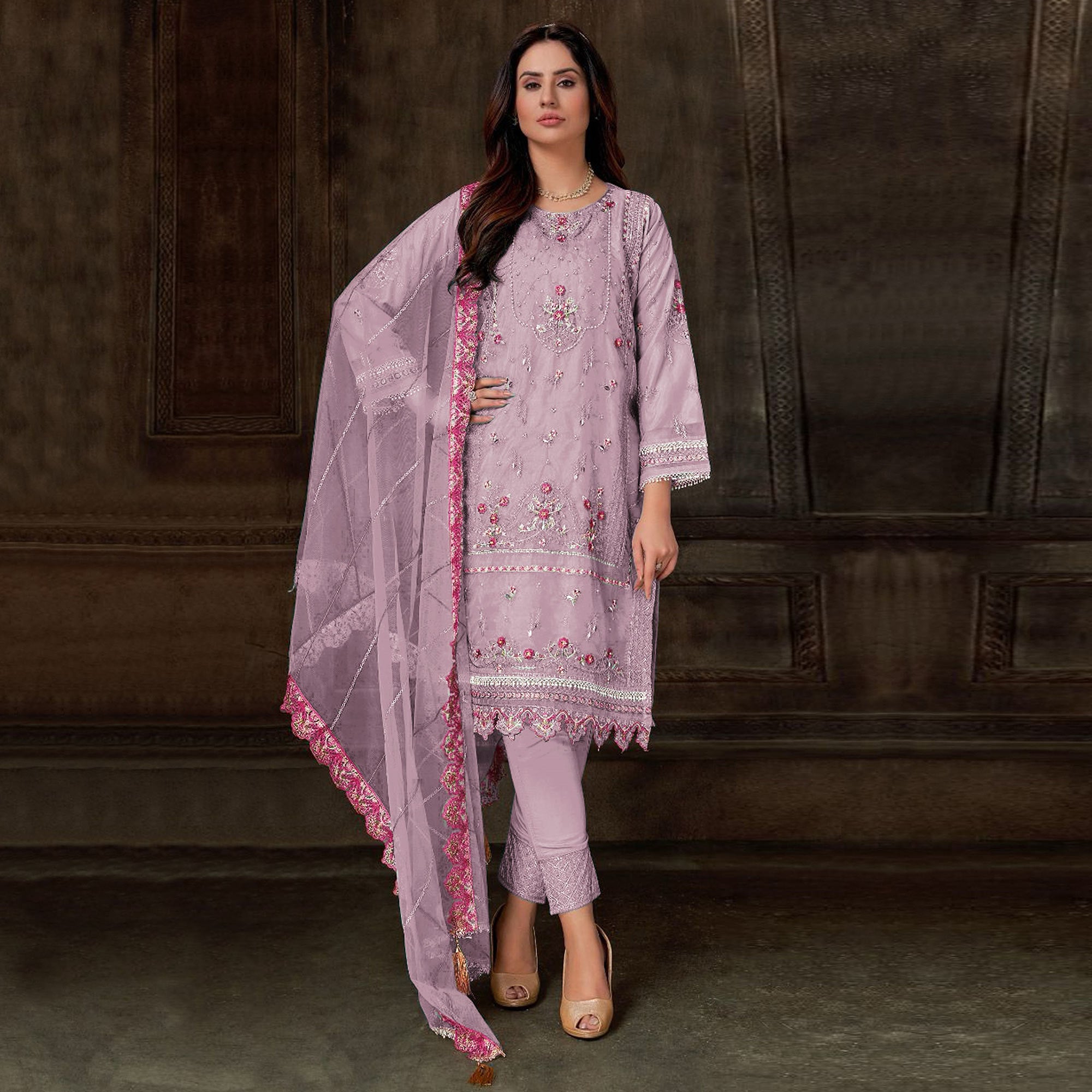 Purple Floral Embroidered Georgette Pakistani Semi Stitched Dress Material