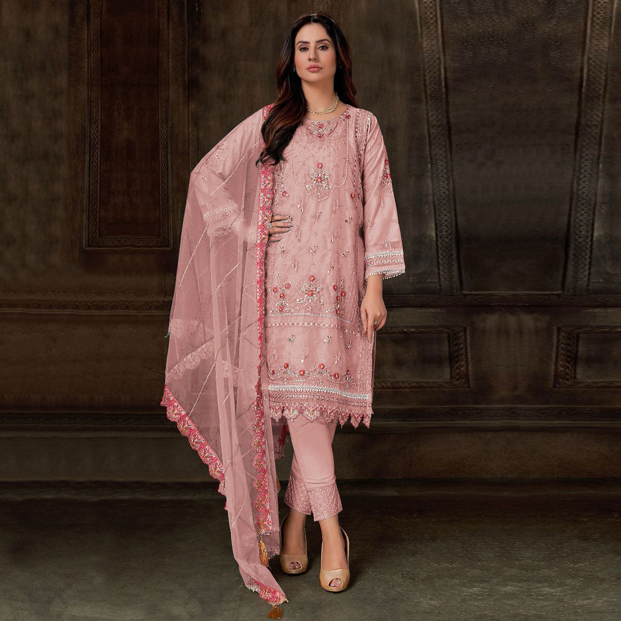 Peach Floral Embroidered Georgette Pakistani Semi Stitched Dress Material