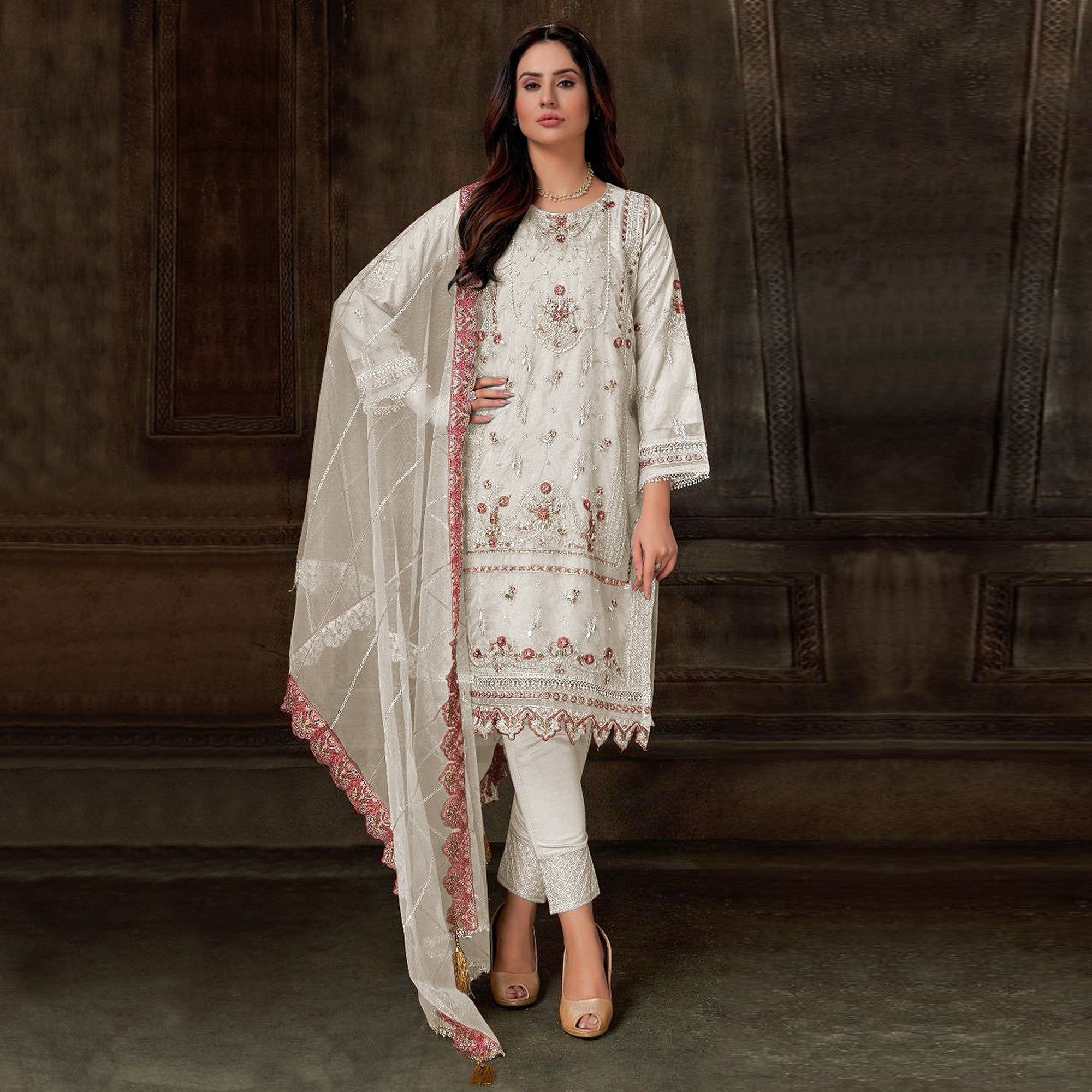 Off white Floral Embroidered Georgette Pakistani Semi Stitched Dress Material