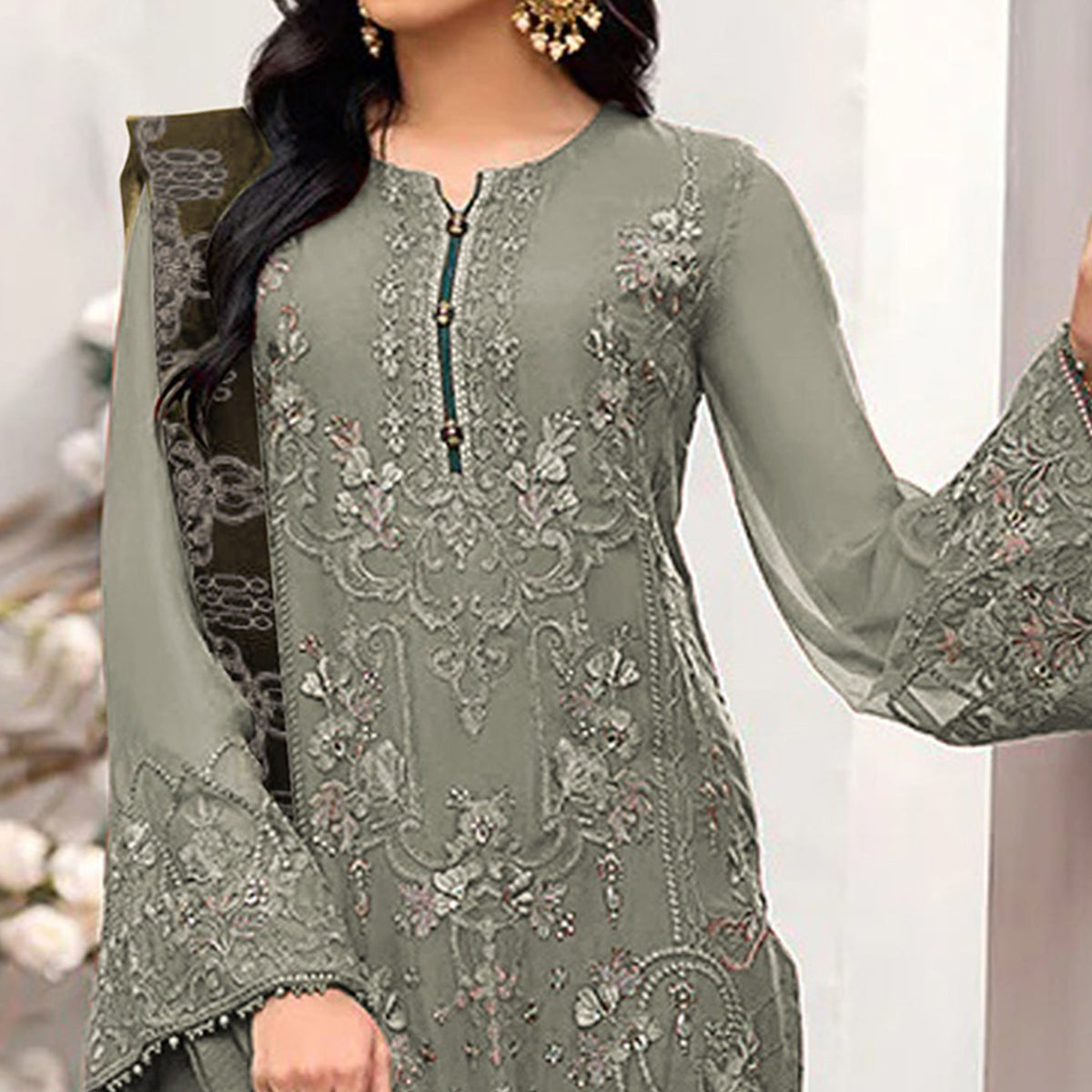Green Floral Embroidered Georgette Semi Stitched Pakistani Suit
