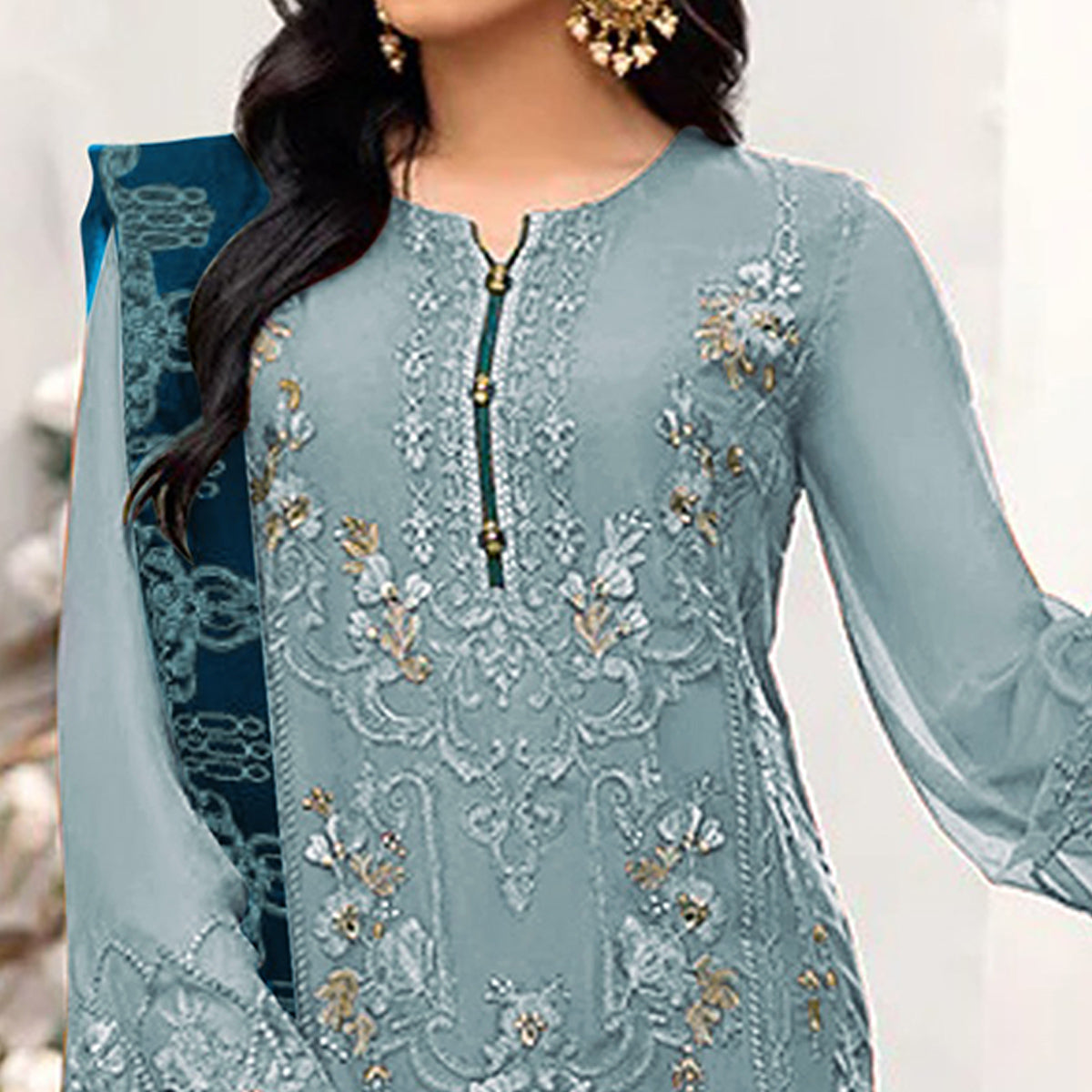 Blue Floral Embroidered Georgette Semi Stitched Pakistani Suit