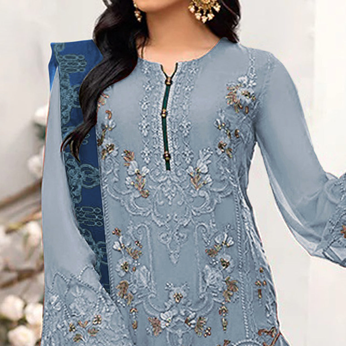 Sky Blue Floral Embroidered Georgette Semi Stitched Pakistani Suit