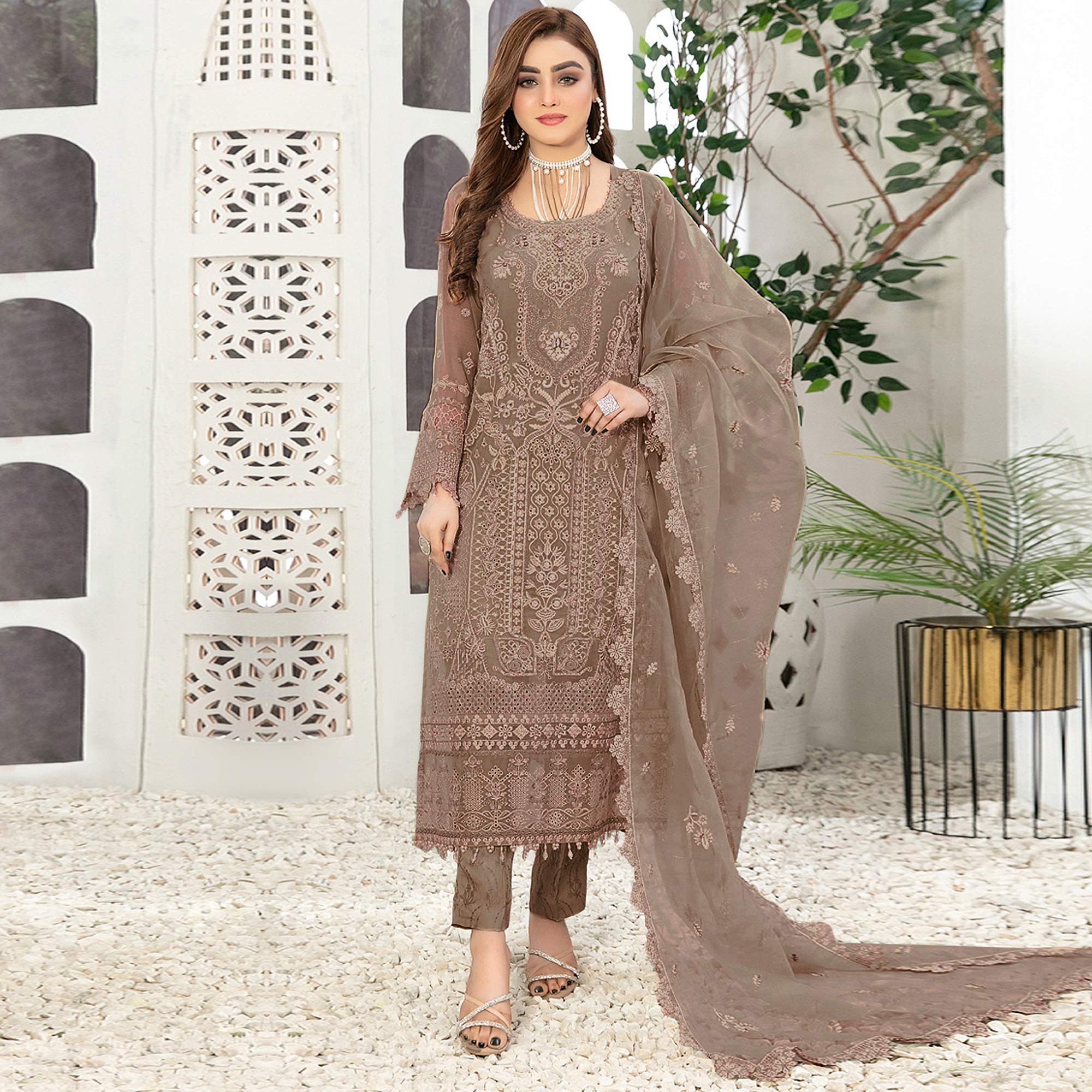 Beige Floral Embroidered Georgette Semi Stitched Pakistani Suit