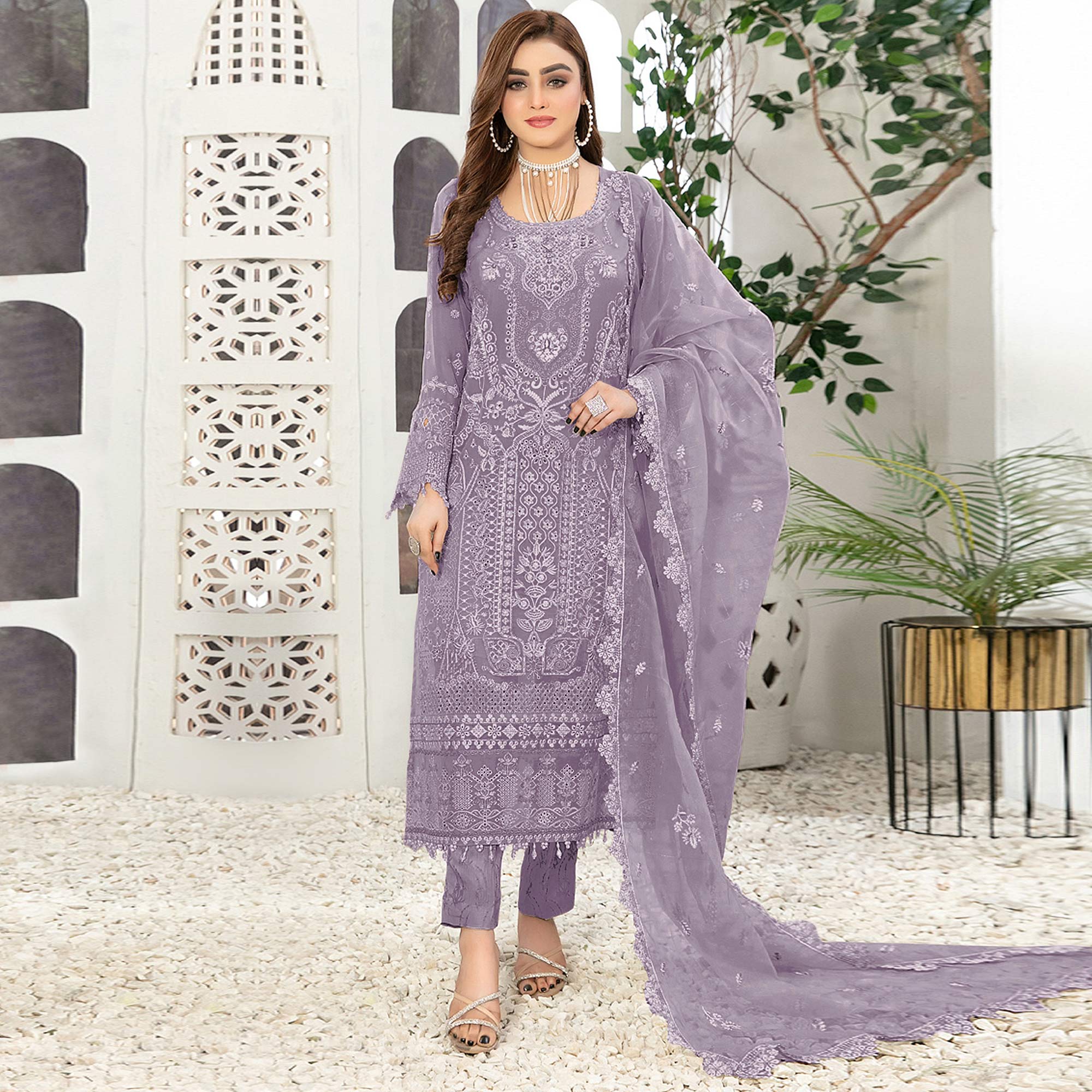 Purple Floral Embroidered Georgette Semi Stitched Pakistani Suit