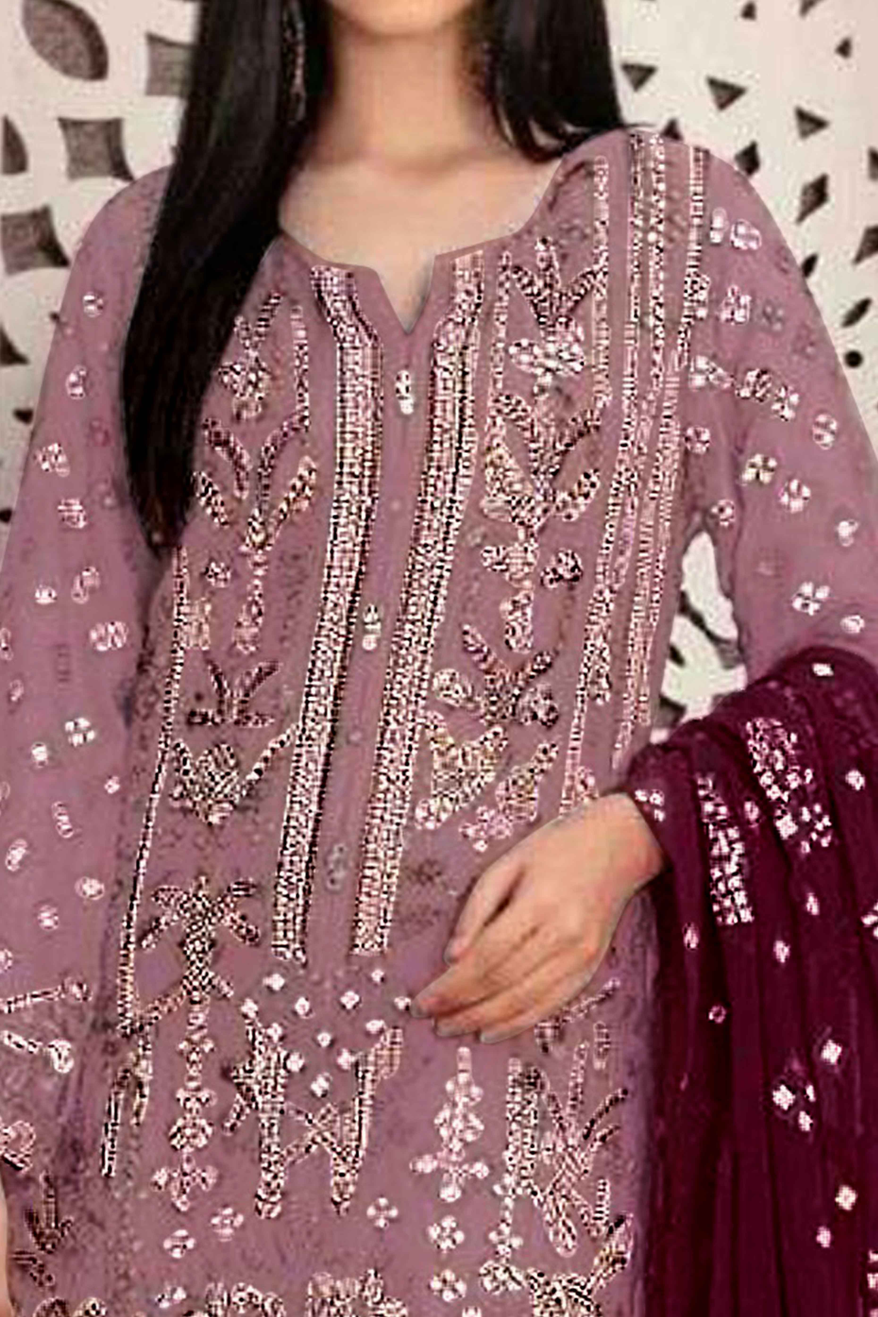 Mauve Floral Embroidered With Handwork Georgette Semi Stitched Pakistani Suit