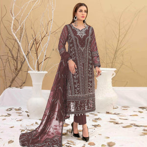 Brown Floral Embroidered Georgette Semi Stitched Pakistani Suit
