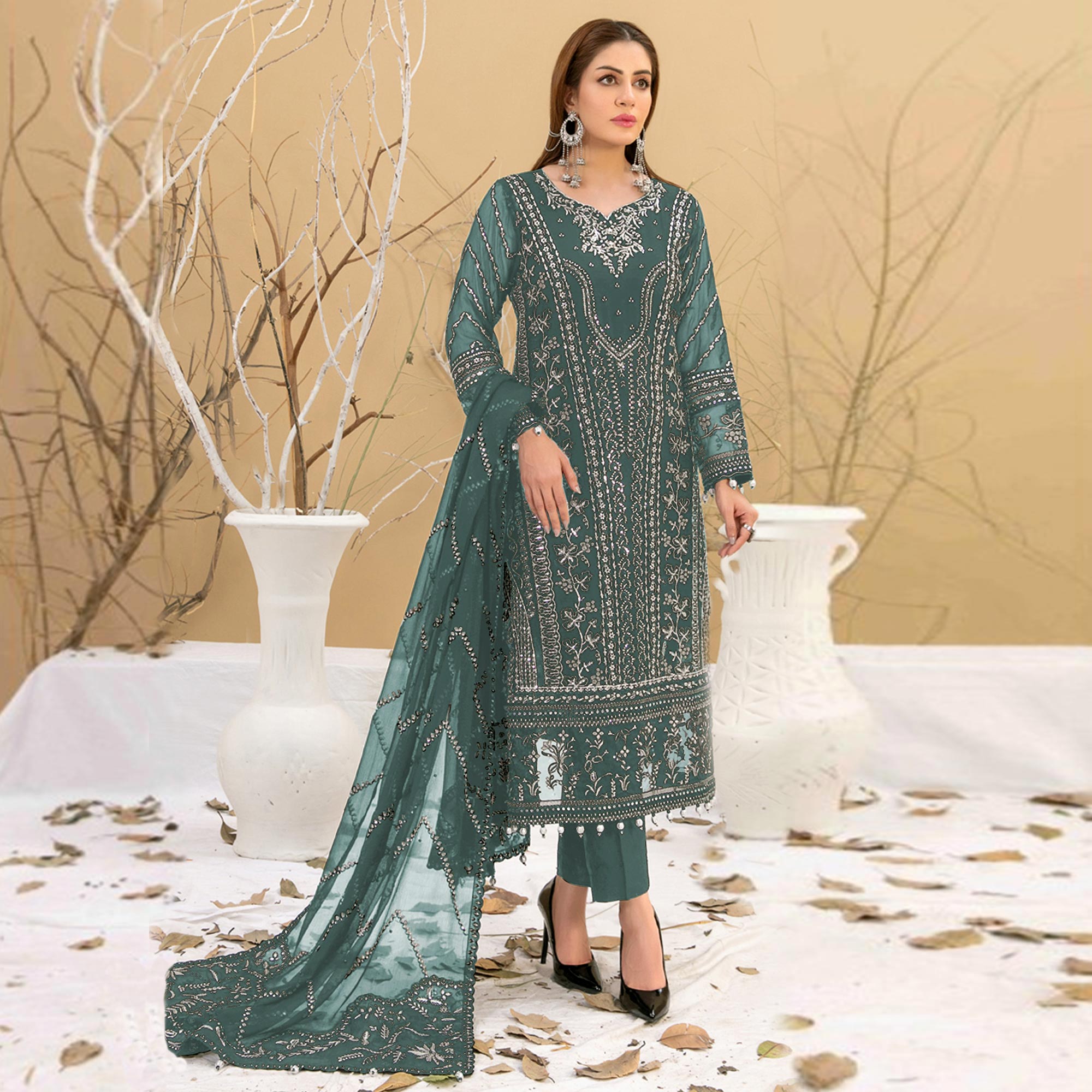 Green Floral Embroidered Georgette Semi Stitched Pakistani Suit
