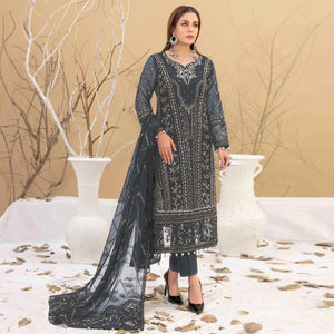 Grey Floral Embroidered Georgette Semi Stitched Pakistani Suit