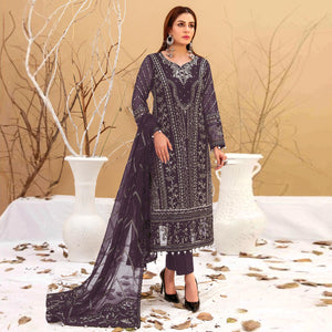 Dark Wine Floral Embroidered Georgette Semi Stitched Pakistani Suit