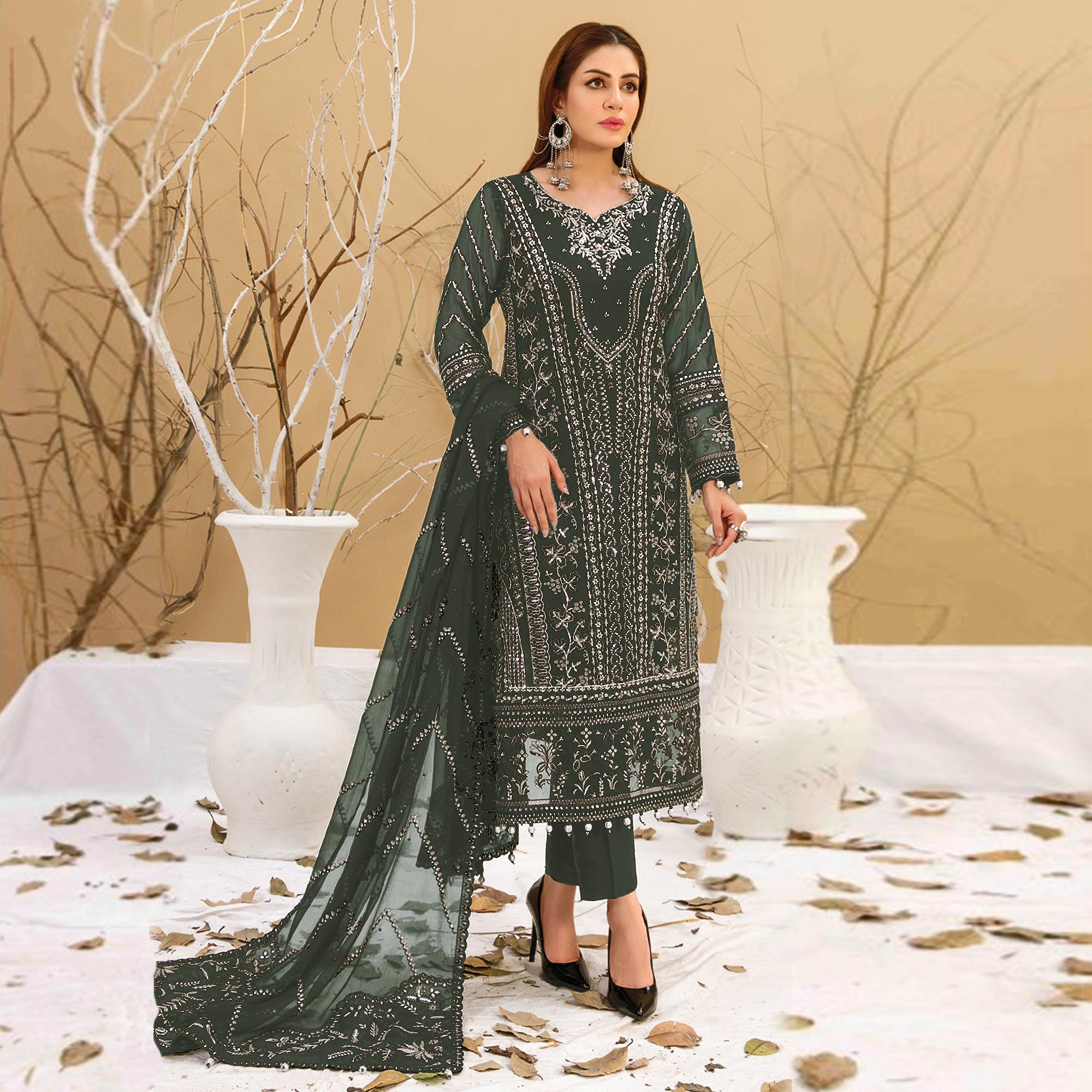 Mehendi Green Floral Embroidered Georgette Semi Stitched Pakistani Suit