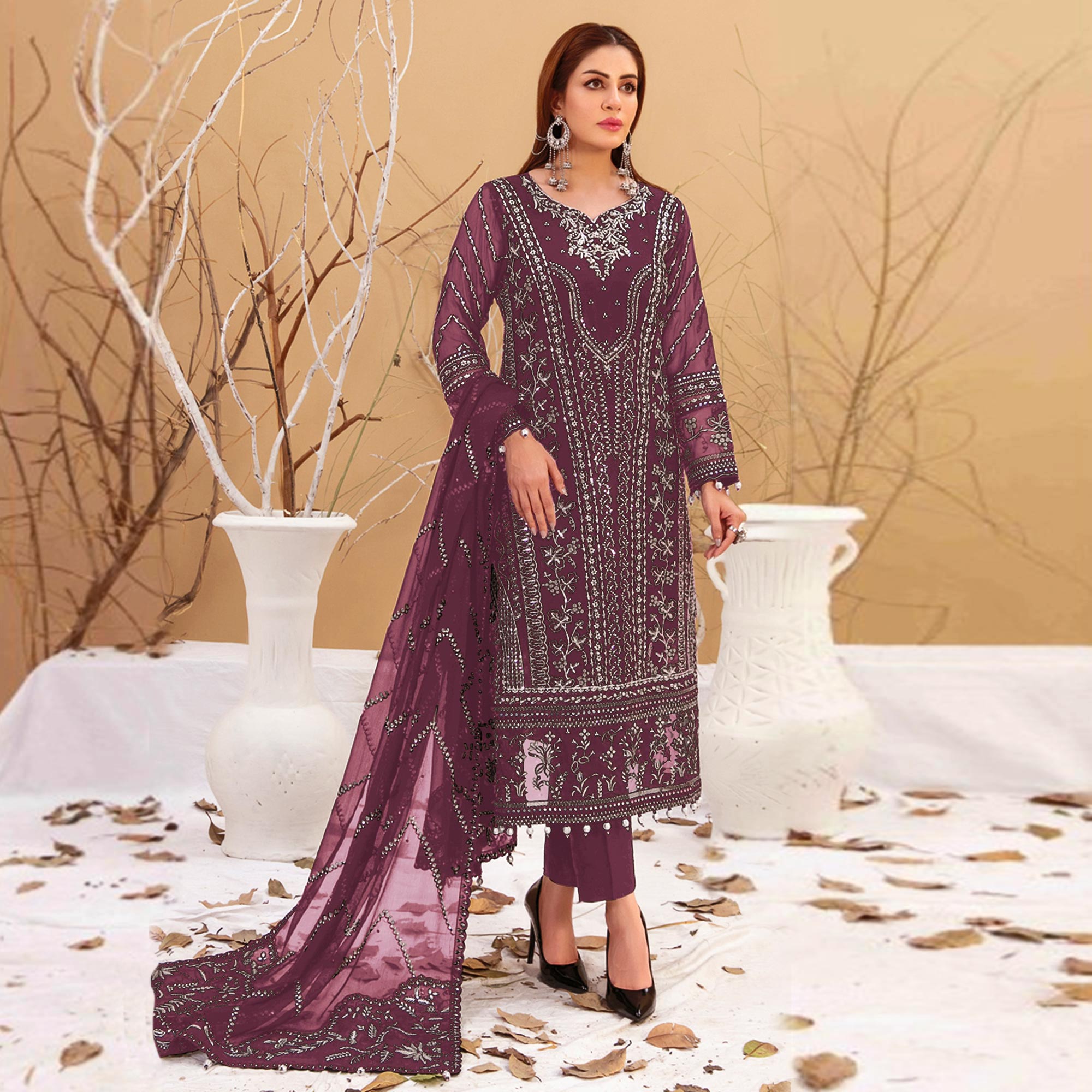 Wine Floral Embroidered Georgette Semi Stitched Pakistani Suit